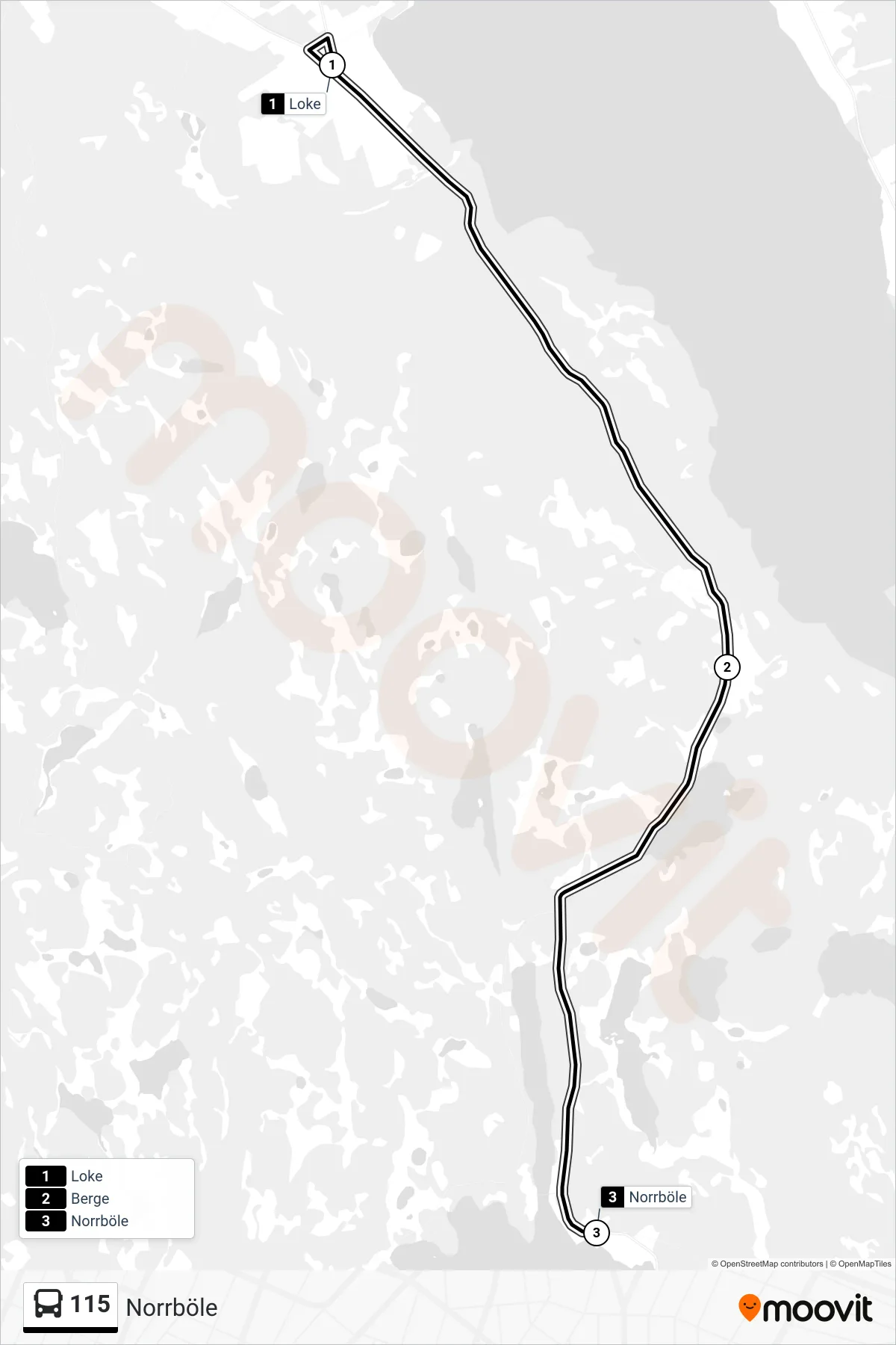 Rutt och hållplatser på karta för linje 115 spårvagn, (Norrböle)