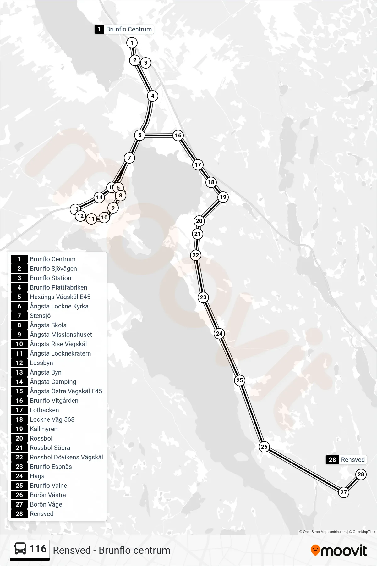Rutt och hållplatser på karta för linje 116  spårvagn, (Rensved)