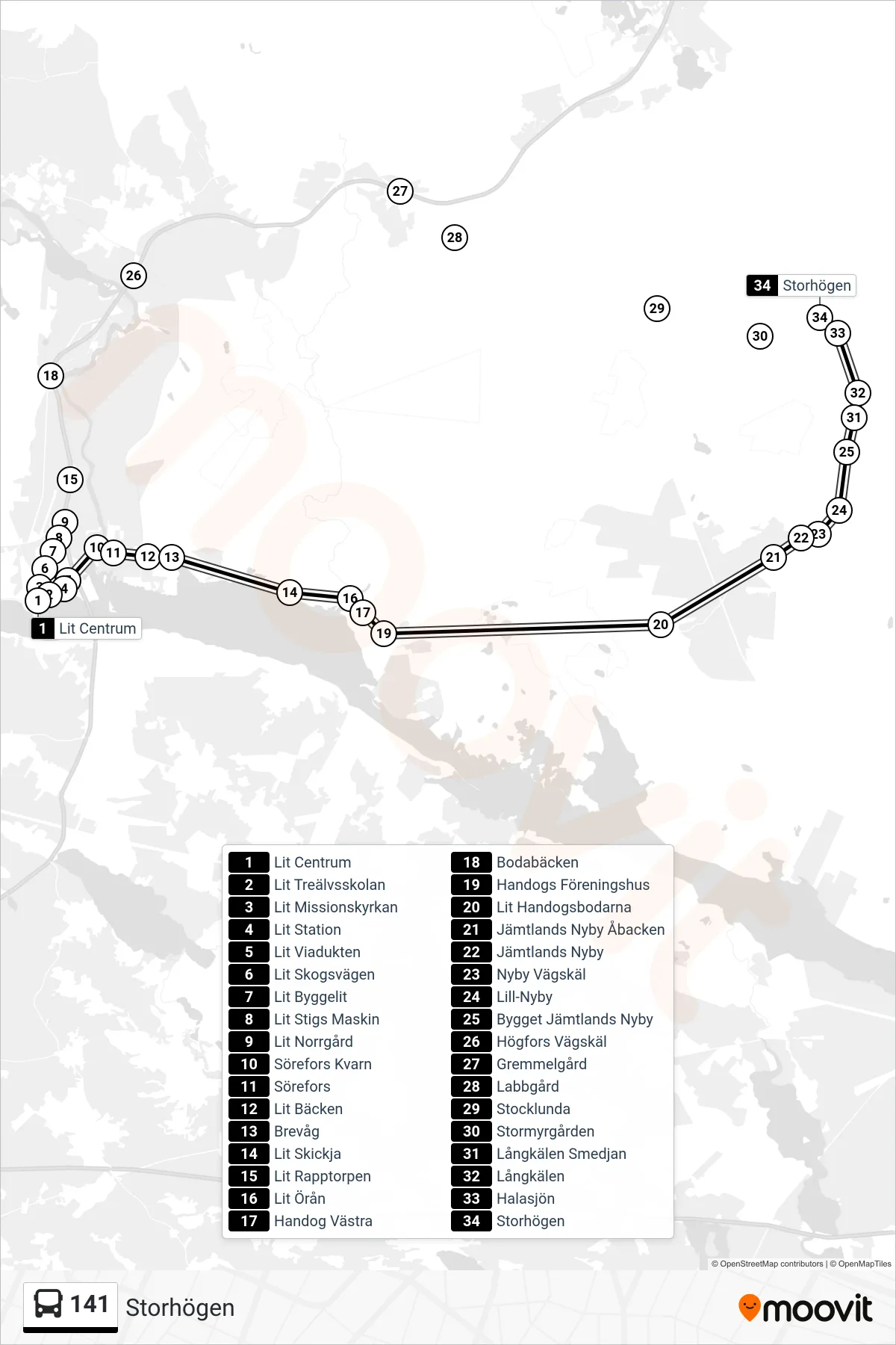 Rutt och hållplatser på karta för linje 141 spårvagn, (Storhögen)