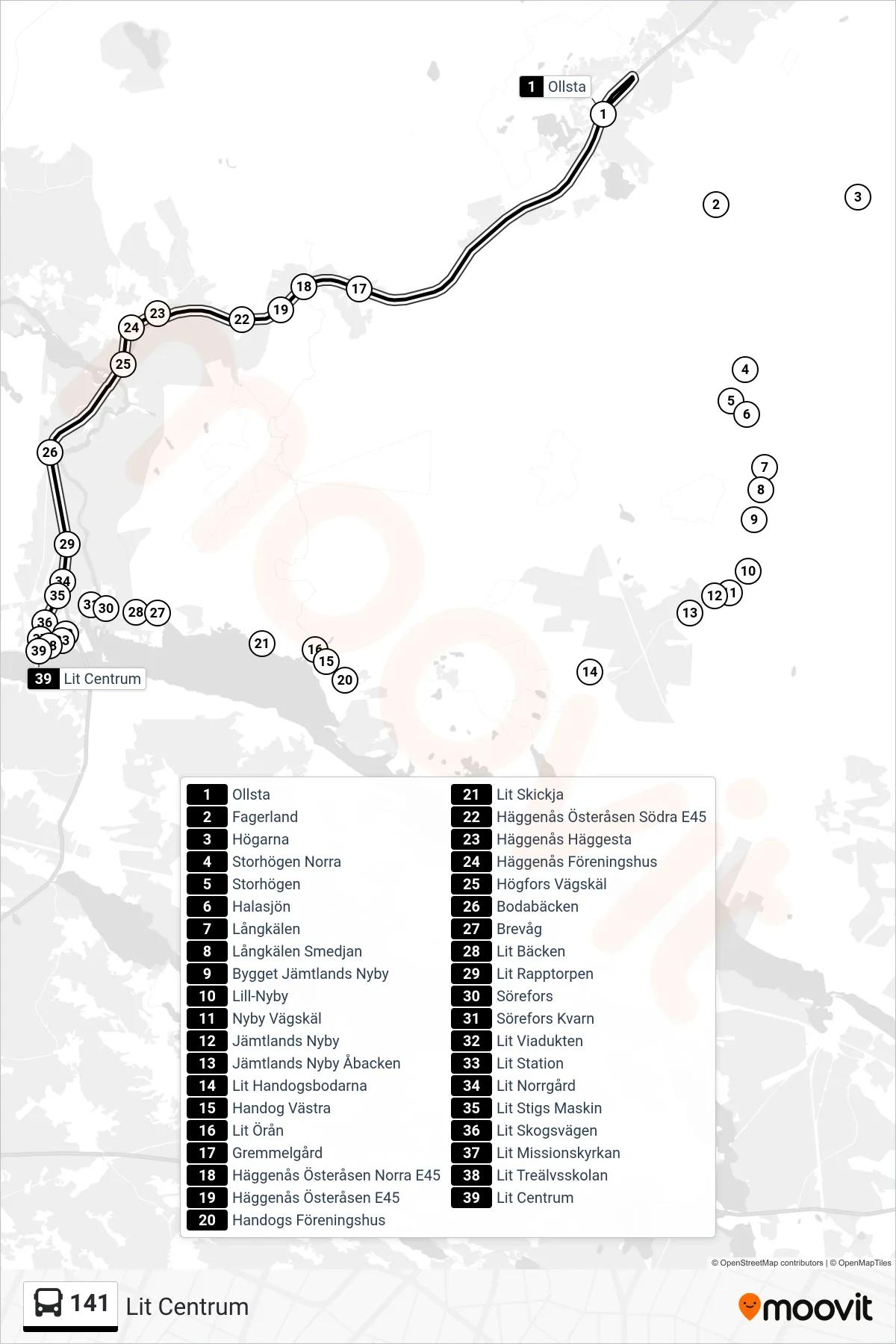 Rutt och hållplatser på karta för linje 141  spårvagn, (Lit Centrum)
