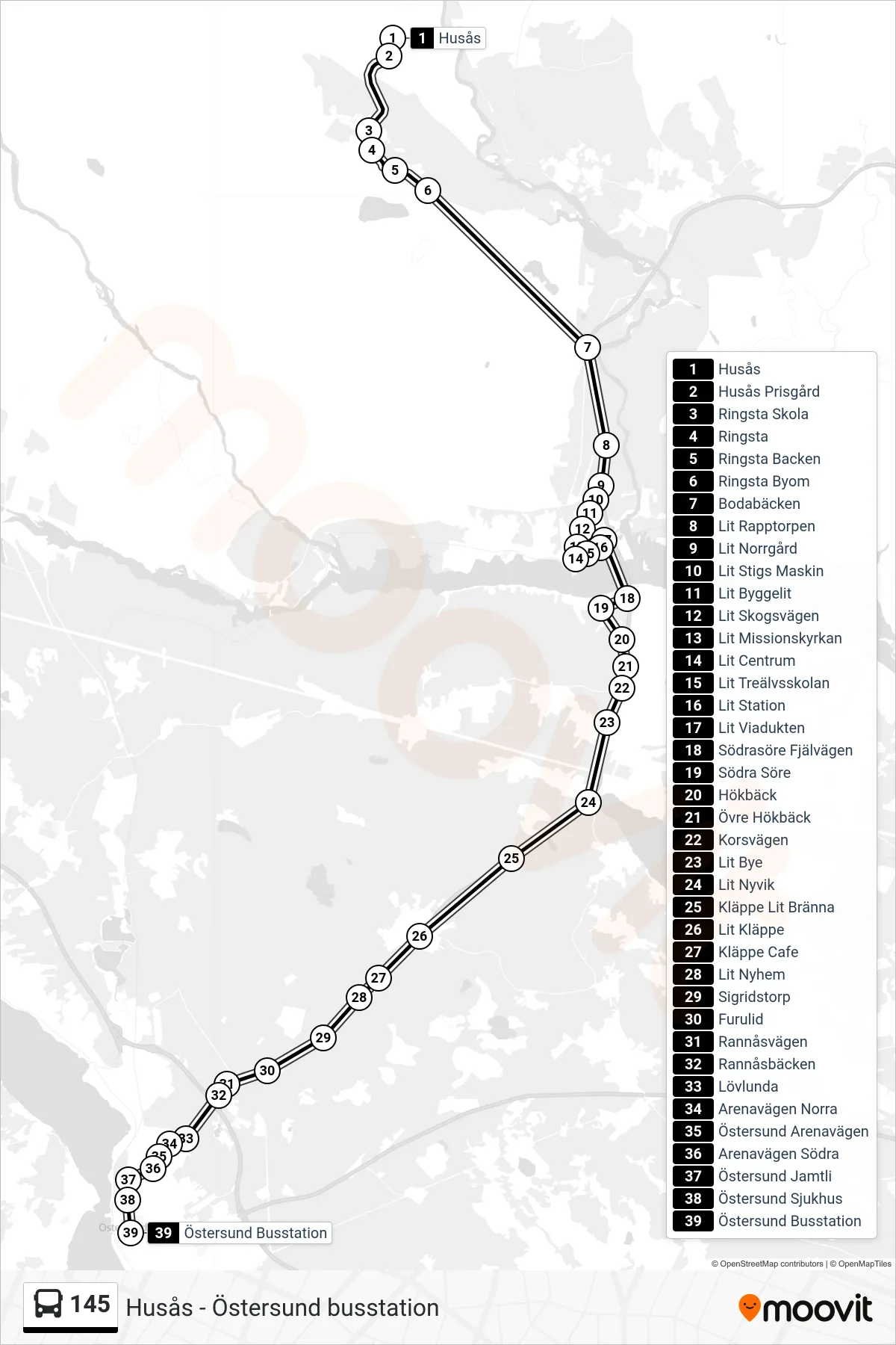 Rutt och hållplatser på karta för linje 145  spårvagn, (Östersund Busstation)