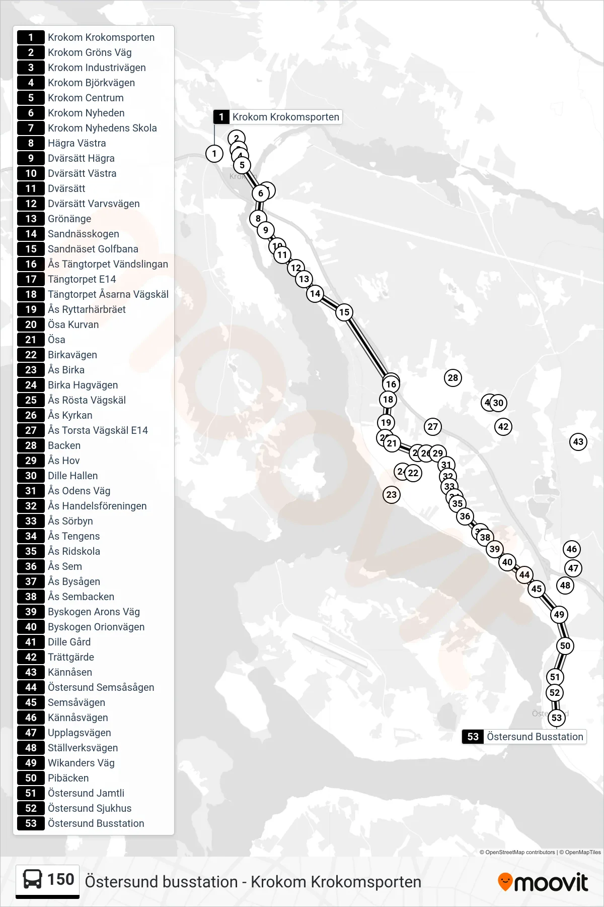 Rutt och hållplatser på karta för linje 150 spårvagn, (Östersund Busstation)