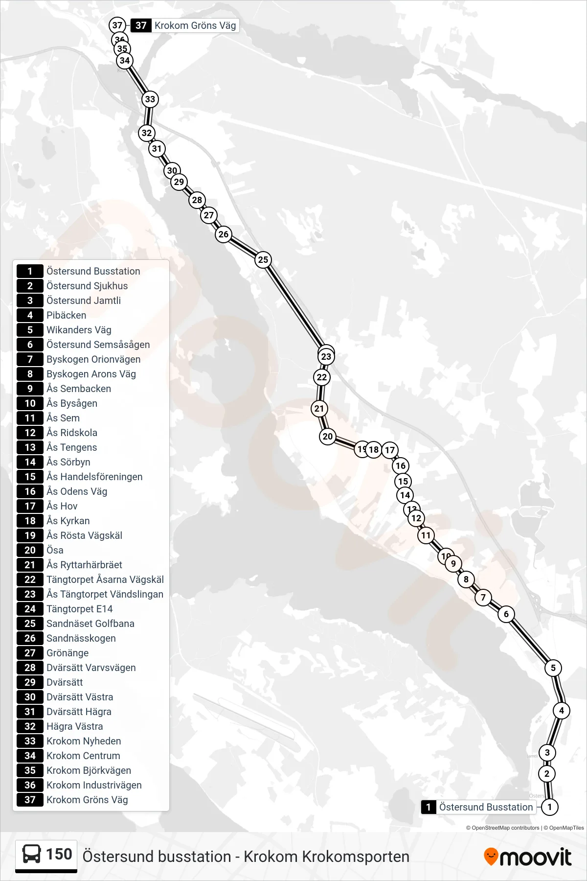 Rutt och hållplatser på karta för linje 150 spårvagn, (Krokom Gröns Väg)