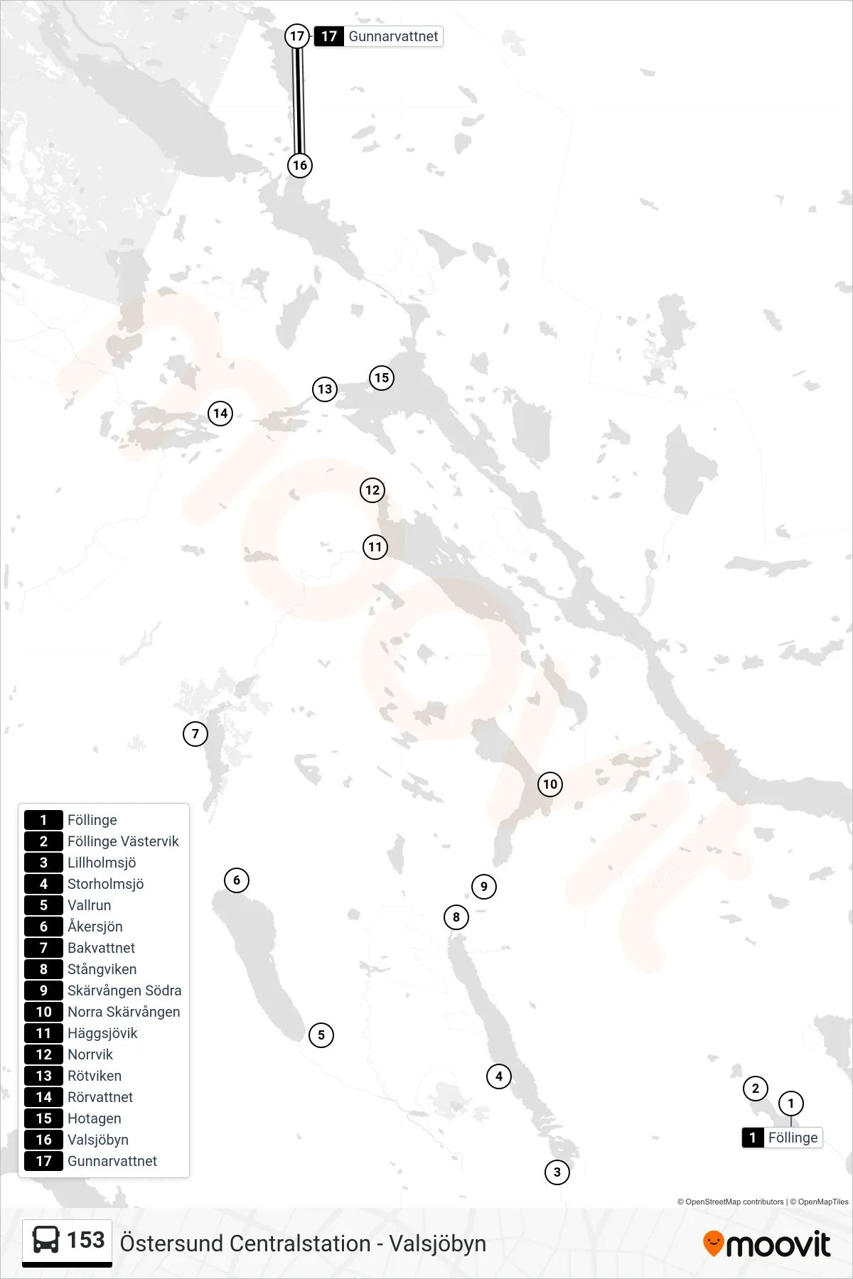 Rutt och hållplatser på karta för linje 153 spårvagn, (Gunnarvattnet)