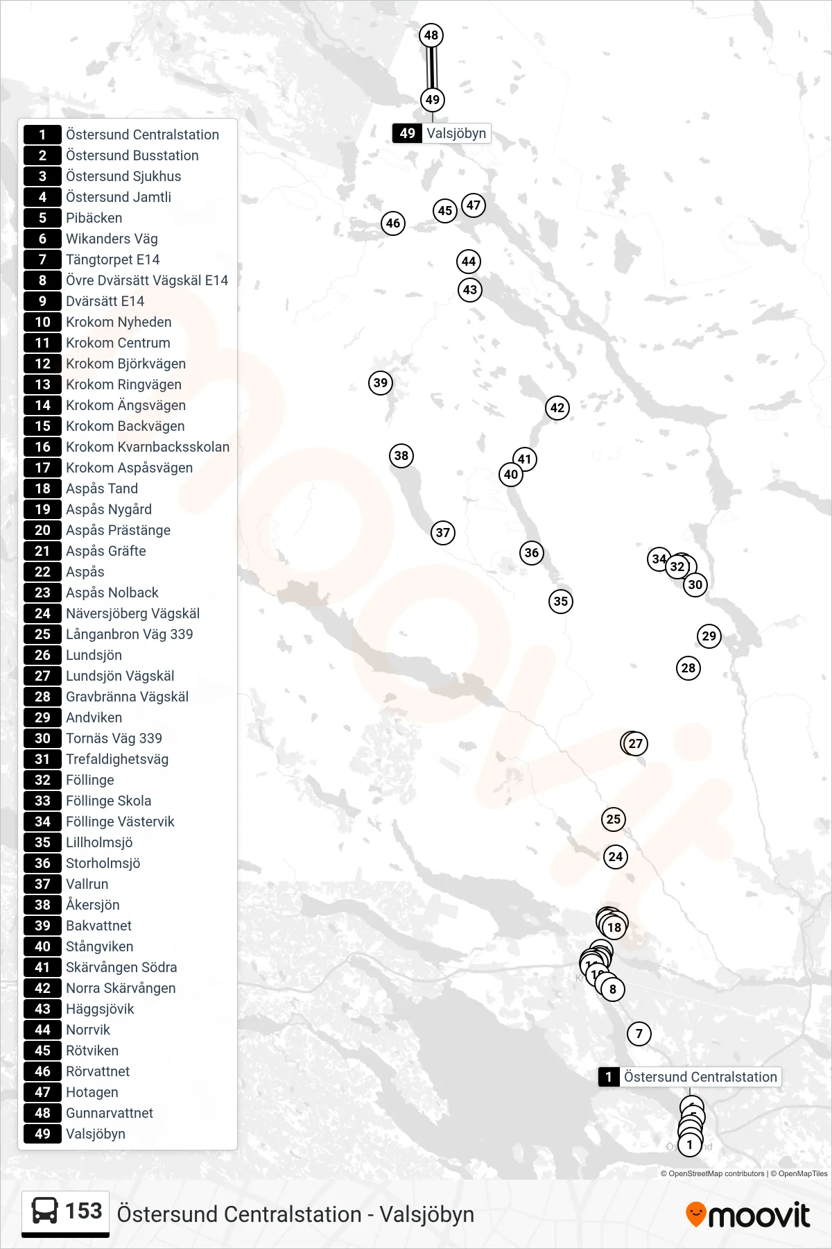 Rutt och hållplatser på karta för linje 153 spårvagn, (Valsjöbyn)