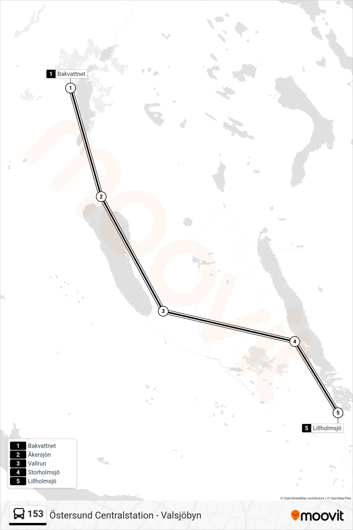 Rutt och hållplatser på karta för linje 153  spårvagn, (Lillholmsjö)