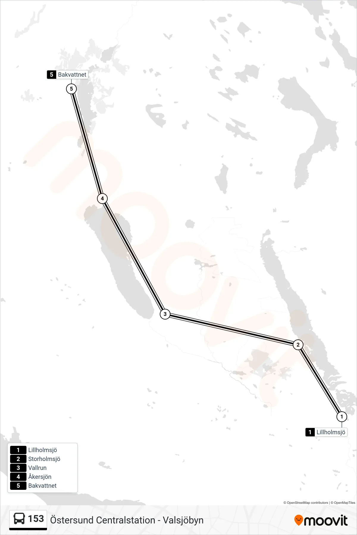 Rutt och hållplatser på karta för linje 153 spårvagn, (Bakvattnet)
