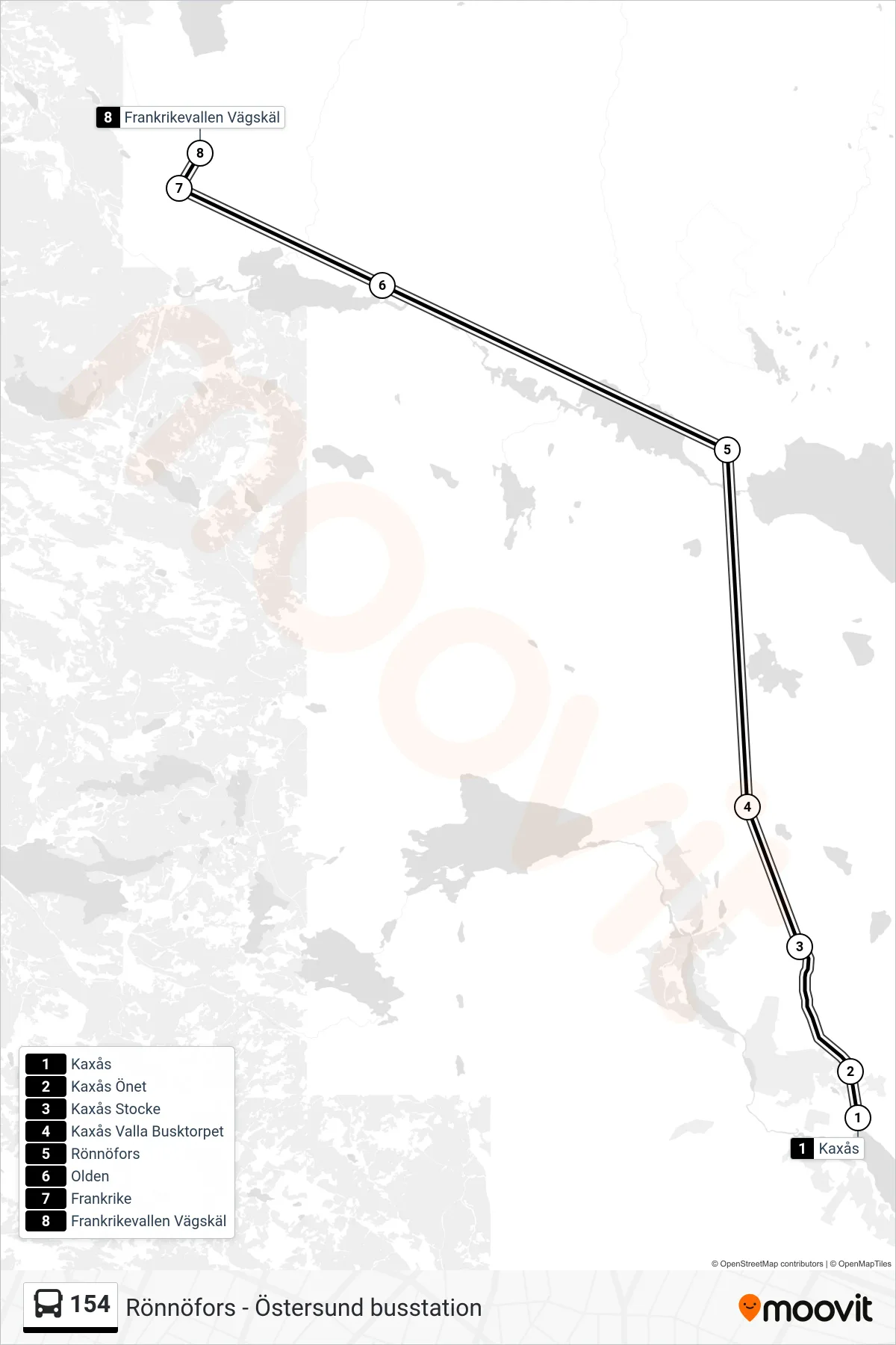 Rutt och hållplatser på karta för linje 154  spårvagn, (Frankrikevallen Vägskäl)