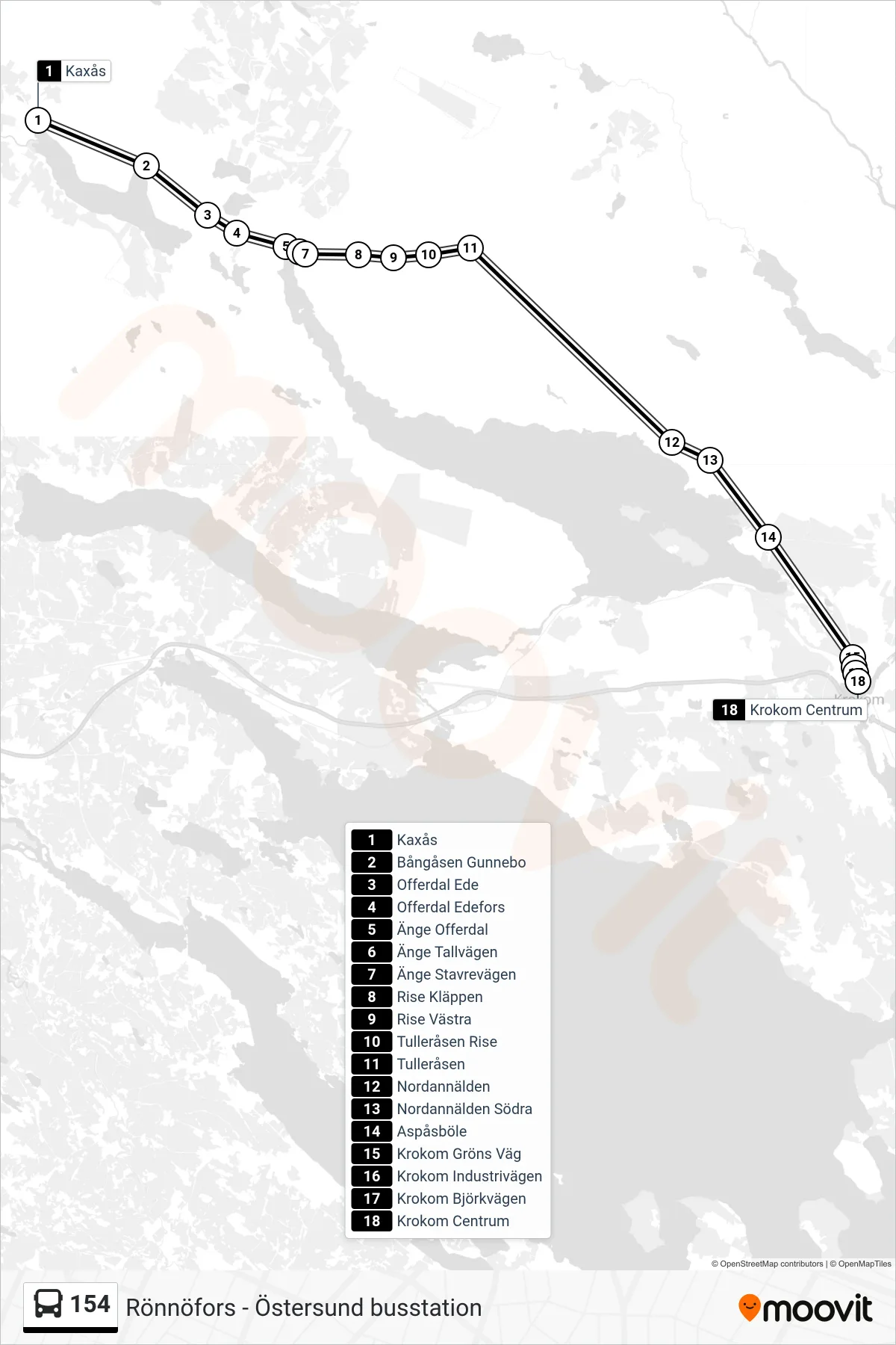 Rutt och hållplatser på karta för linje 154  spårvagn, (Krokom Centrum)