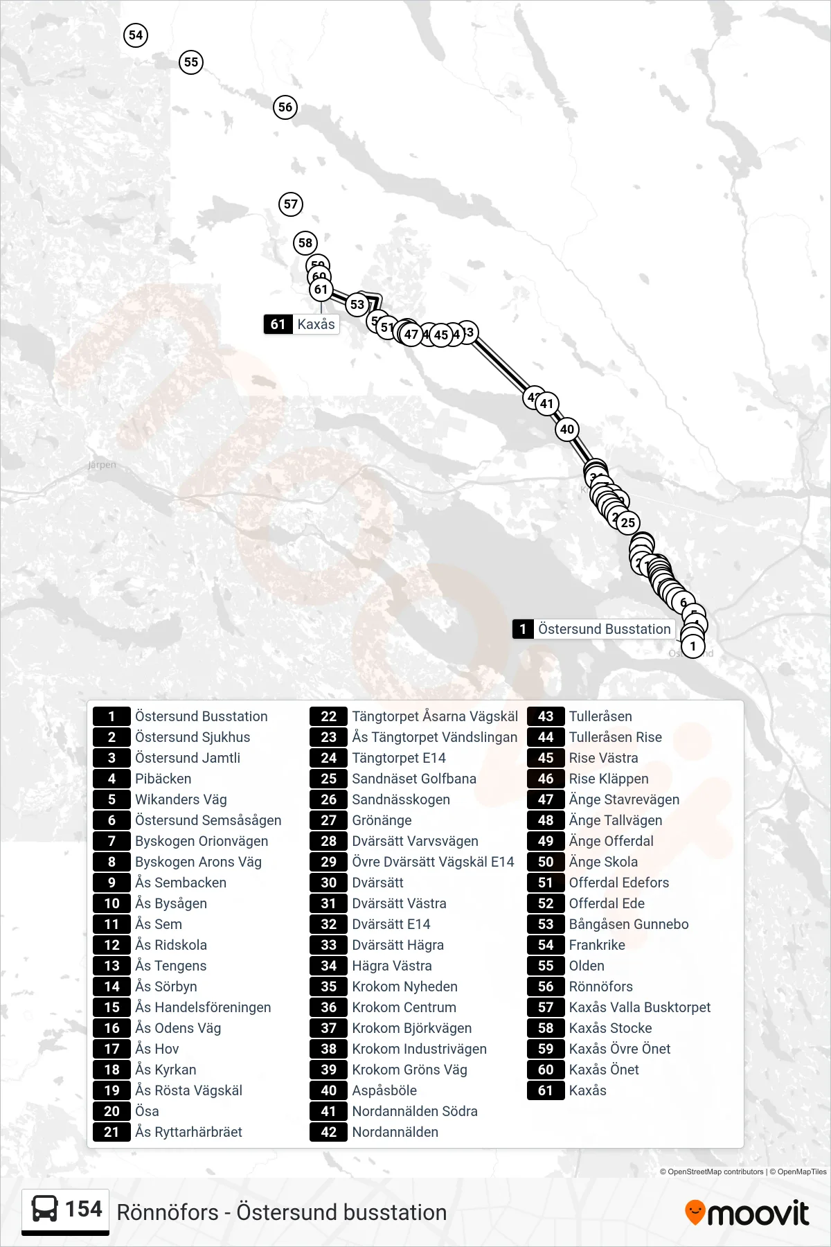 Rutt och hållplatser på karta för linje 154 spårvagn, (Kaxås)
