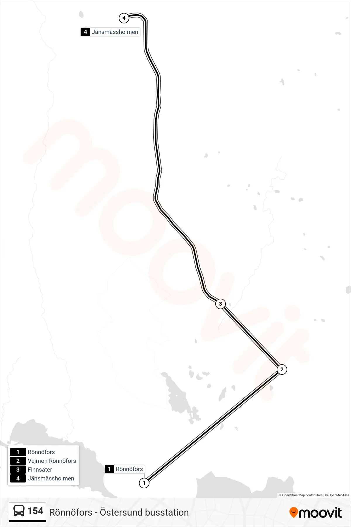 Rutt och hållplatser på karta för linje 154  spårvagn, (Jänsmässholmen)
