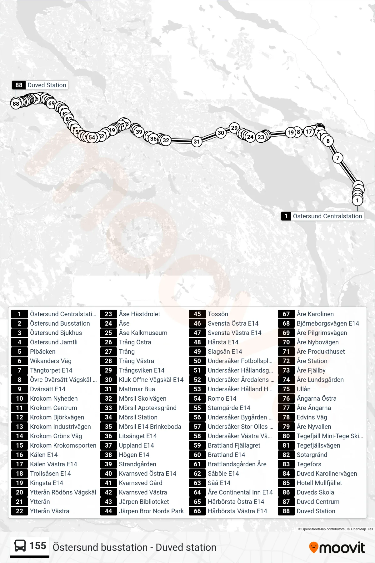 Rutt och hållplatser på karta för linje 155  spårvagn, (Duved Station)