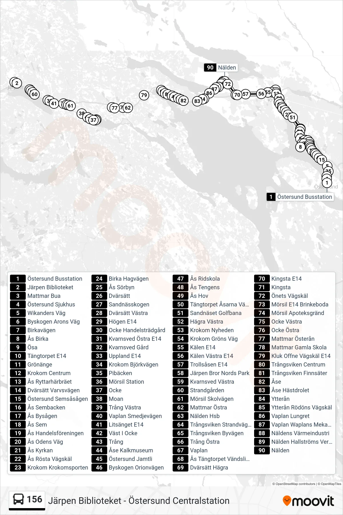 Rutt och hållplatser på karta för linje 156 spårvagn, (Nälden)