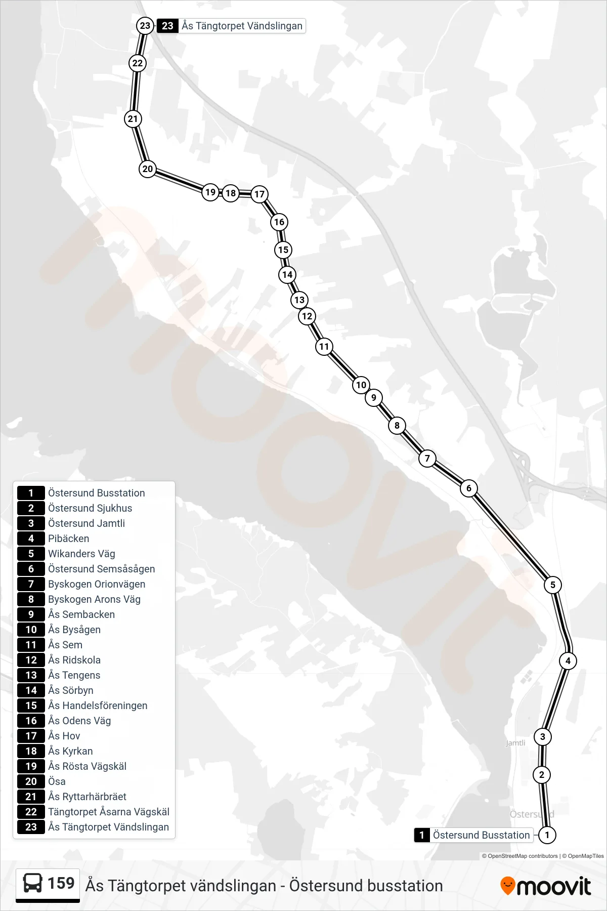 Rutt och hållplatser på karta för linje 159  spårvagn, (Ås Tängtorpet Vändslingan)
