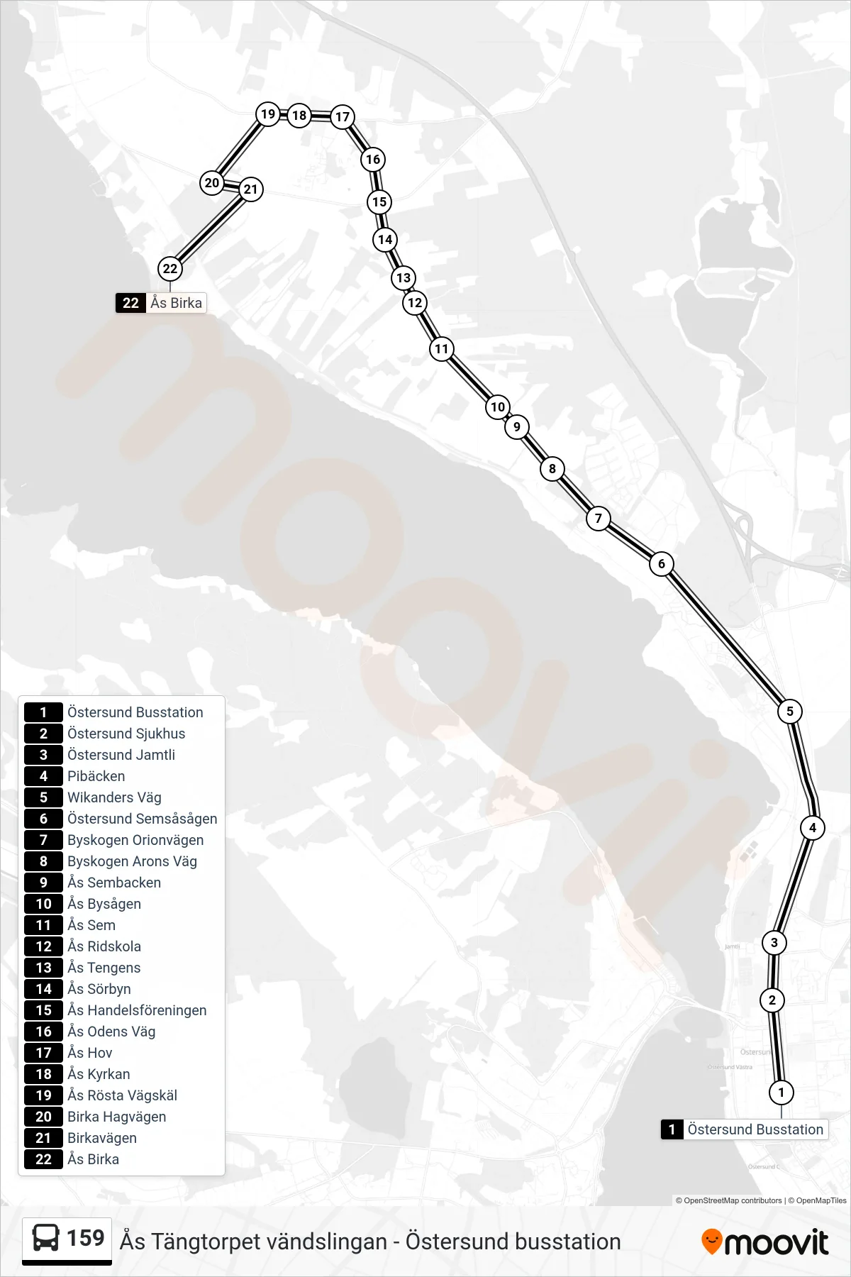 Rutt och hållplatser på karta för linje 159 spårvagn, (Ås Birka)