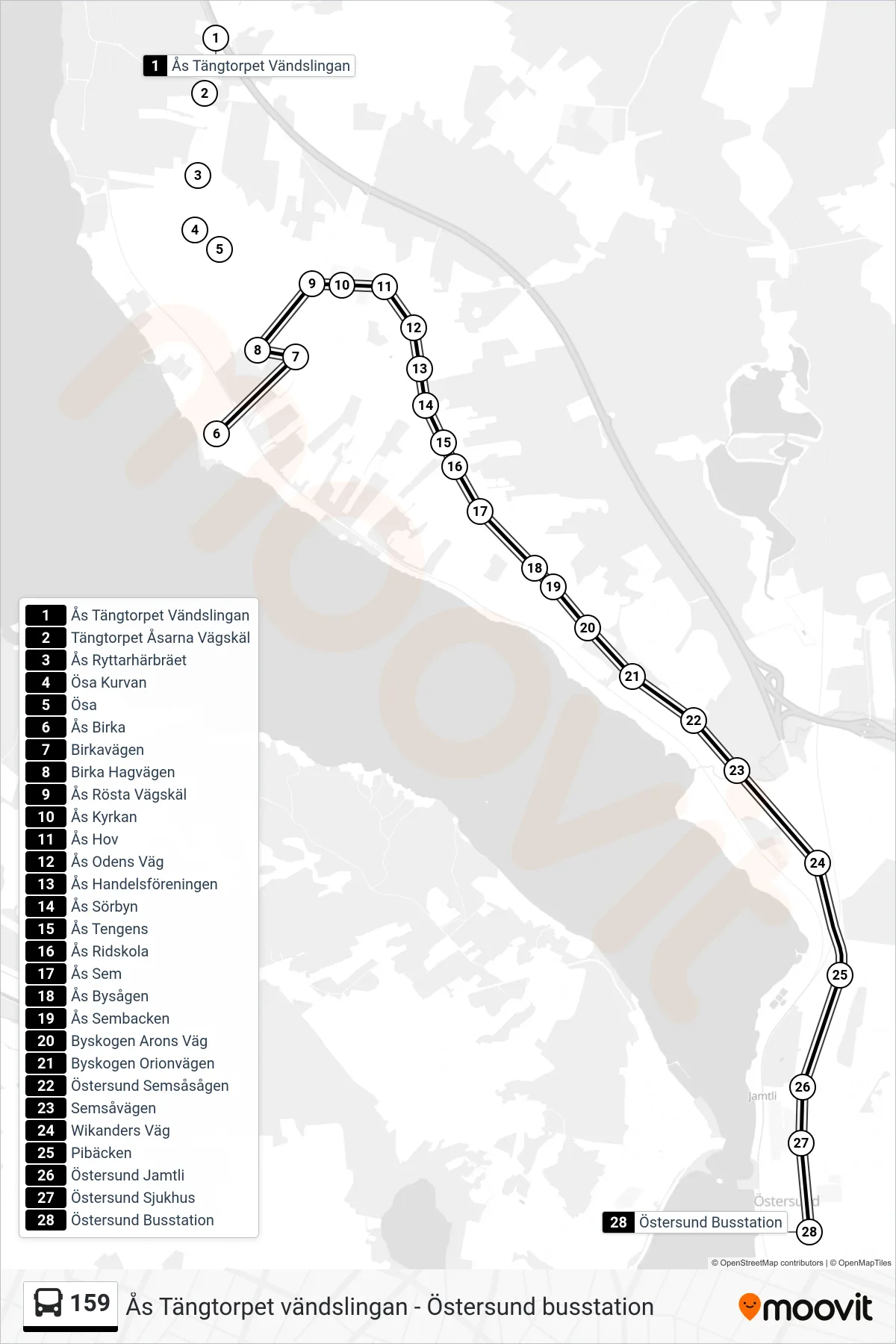 Rutt och hållplatser på karta för linje 159 spårvagn, (Östersund Busstation)