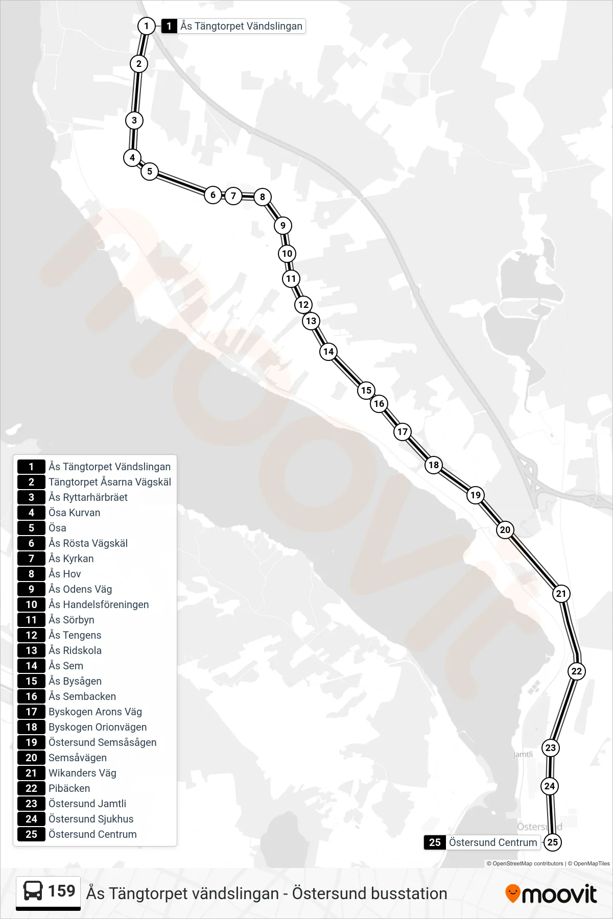 Rutt och hållplatser på karta för linje 159 spårvagn, (Östersund Centrum)