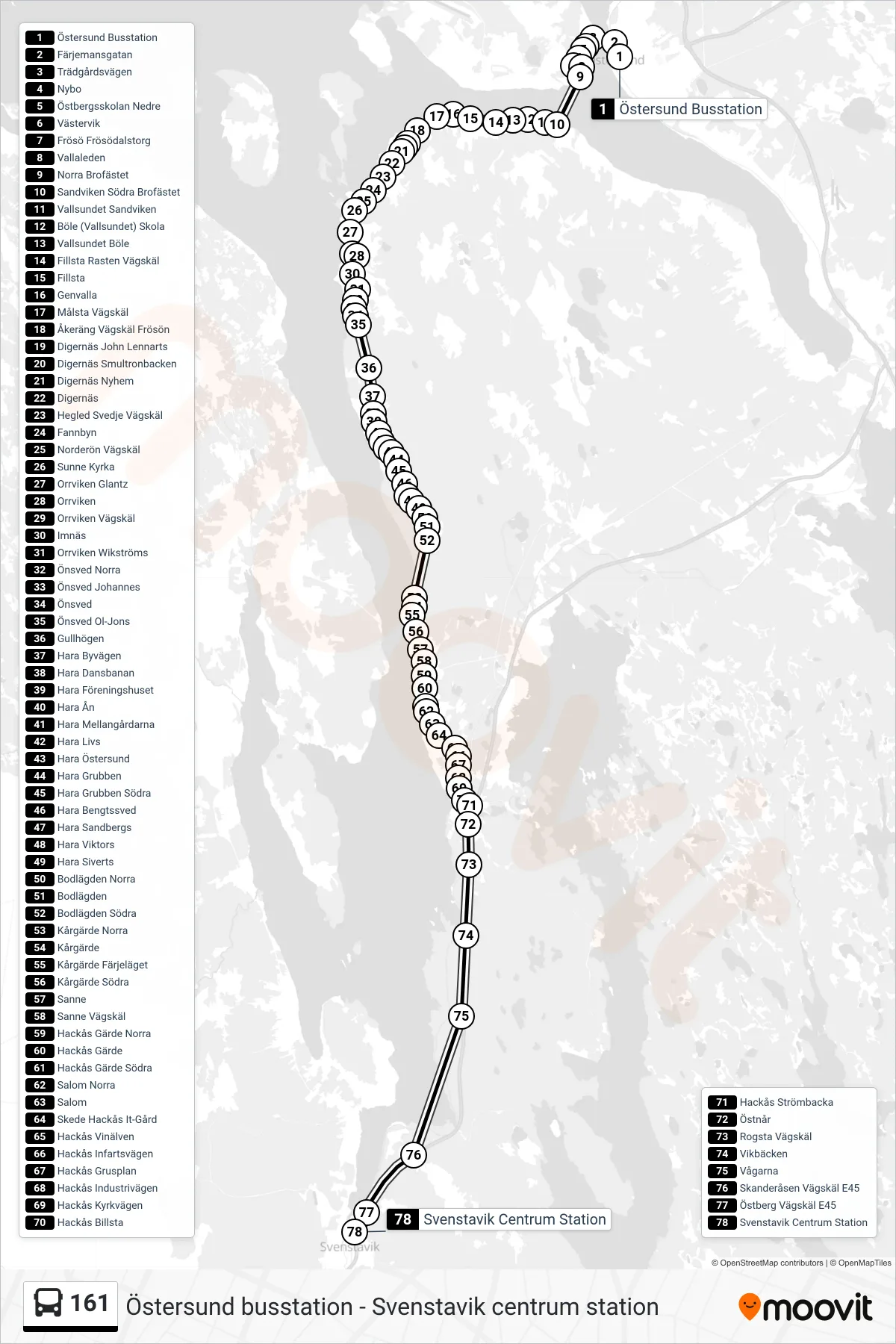 Rutt och hållplatser på karta för linje 161  spårvagn, (Svenstavik Centrum Station)