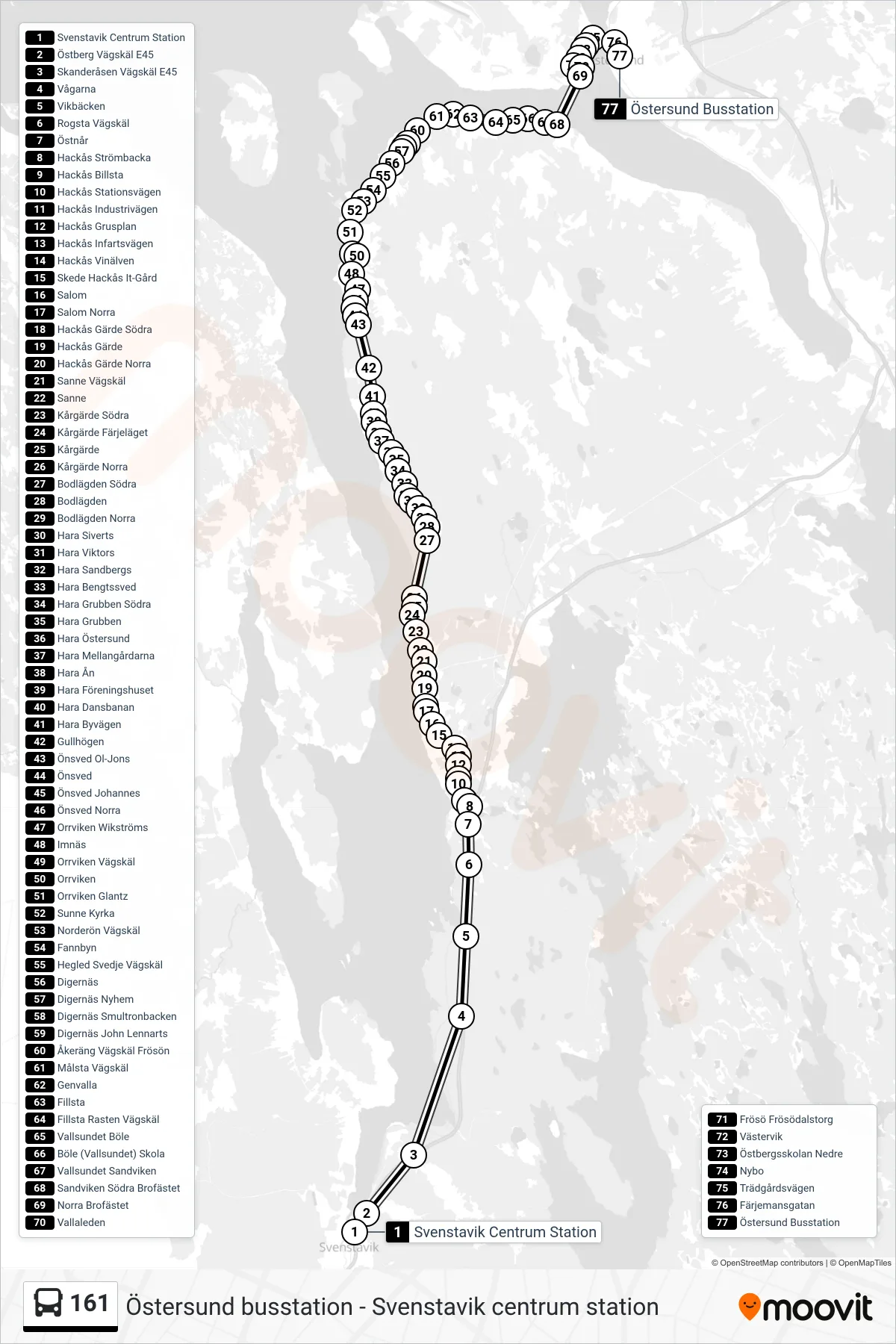 Rutt och hållplatser på karta för linje 161 spårvagn, (Östersund Busstation)