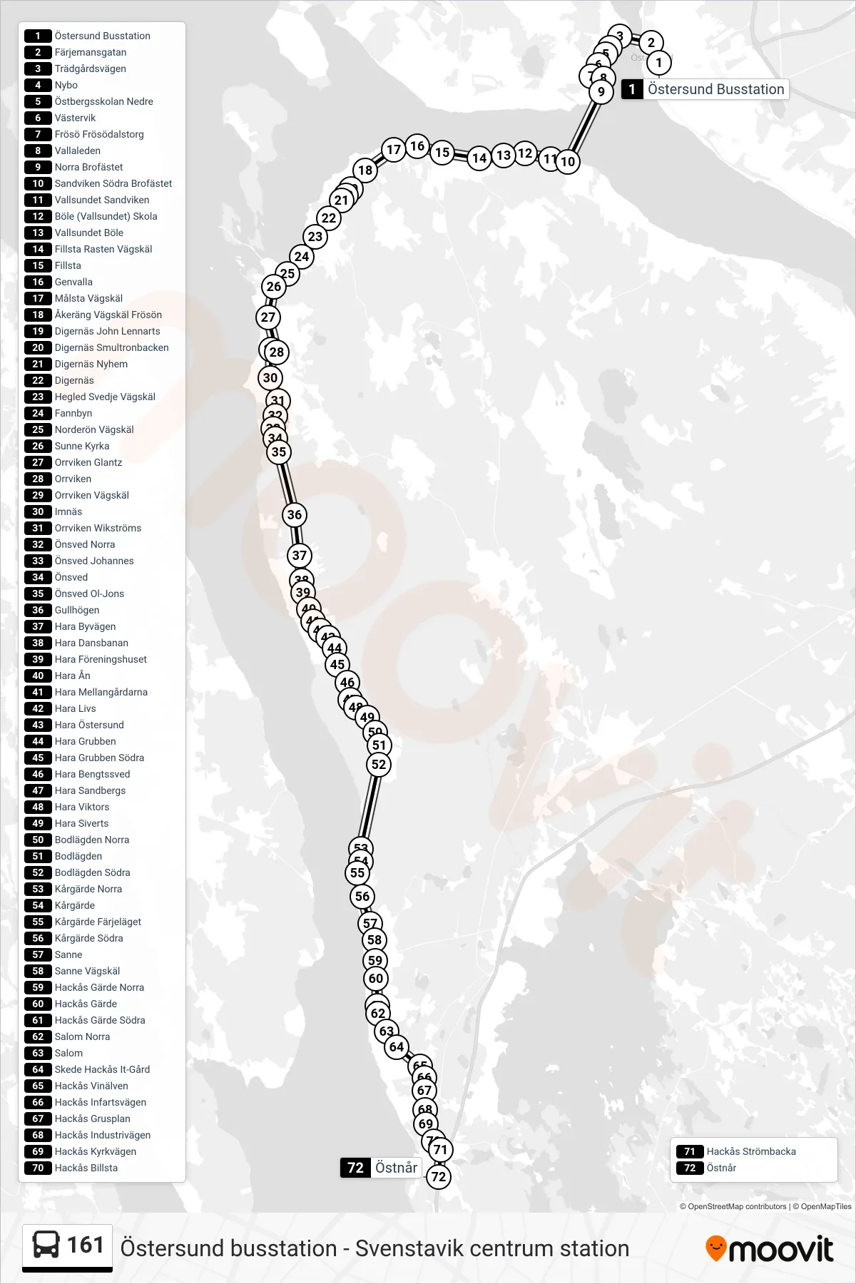Rutt och hållplatser på karta för linje 161  spårvagn, (Östnår)