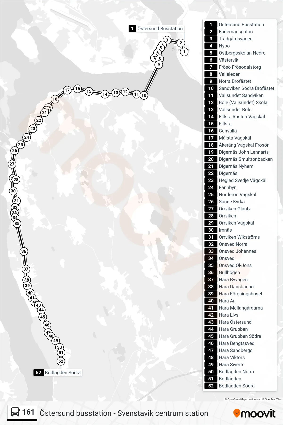 Rutt och hållplatser på karta för linje 161  spårvagn, (Bodlägden Södra)