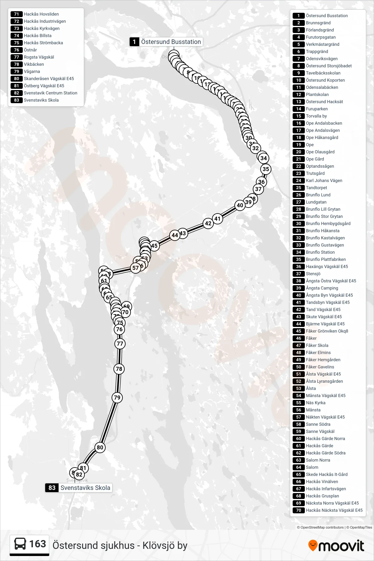 Rutt och hållplatser på karta för linje 163 spårvagn, (Svenstaviks Skola)