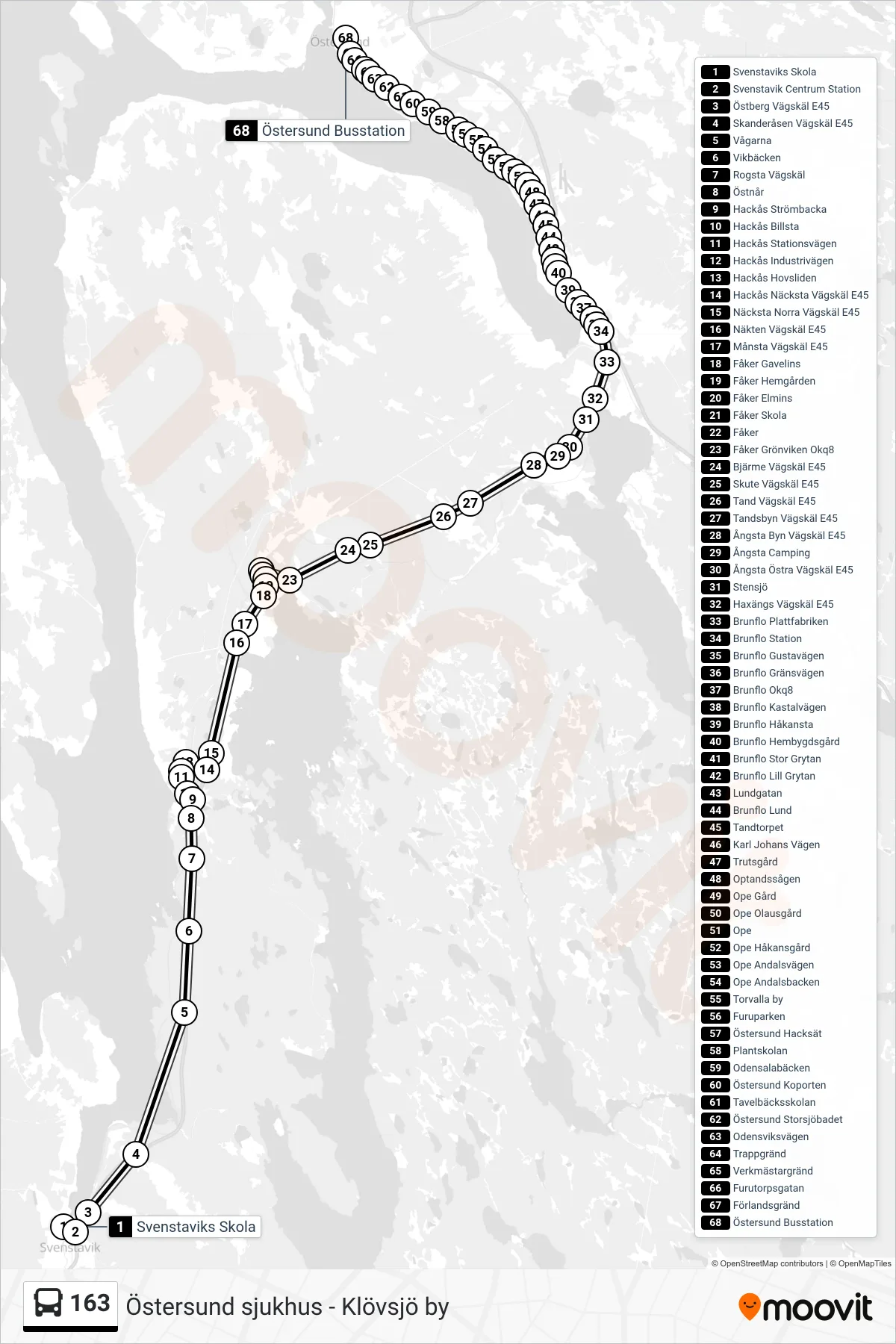 Rutt och hållplatser på karta för linje 163 spårvagn, (Östersund Busstation)
