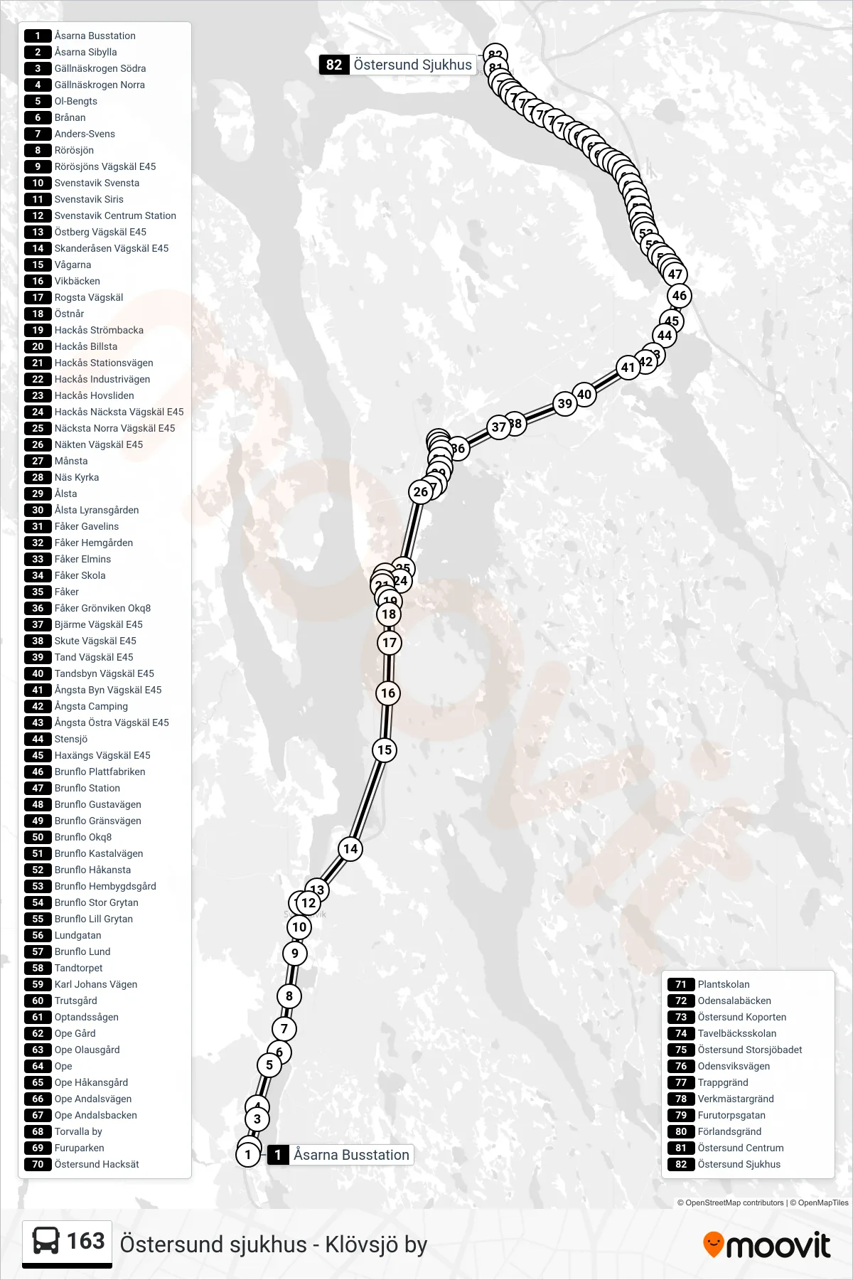 Rutt och hållplatser på karta för linje 163  spårvagn, (Östersund Sjukhus)