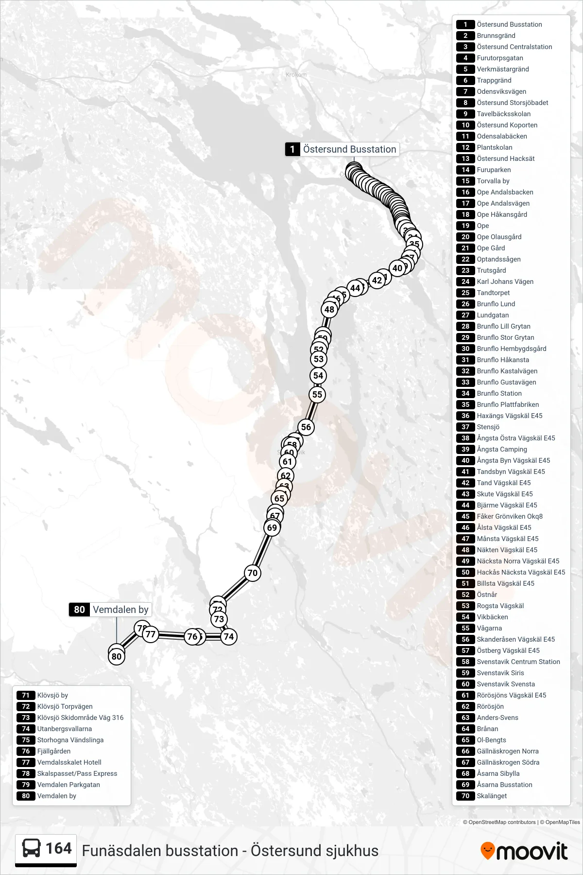 Rutt och hållplatser på karta för linje 164  spårvagn, (Vemdalen by)