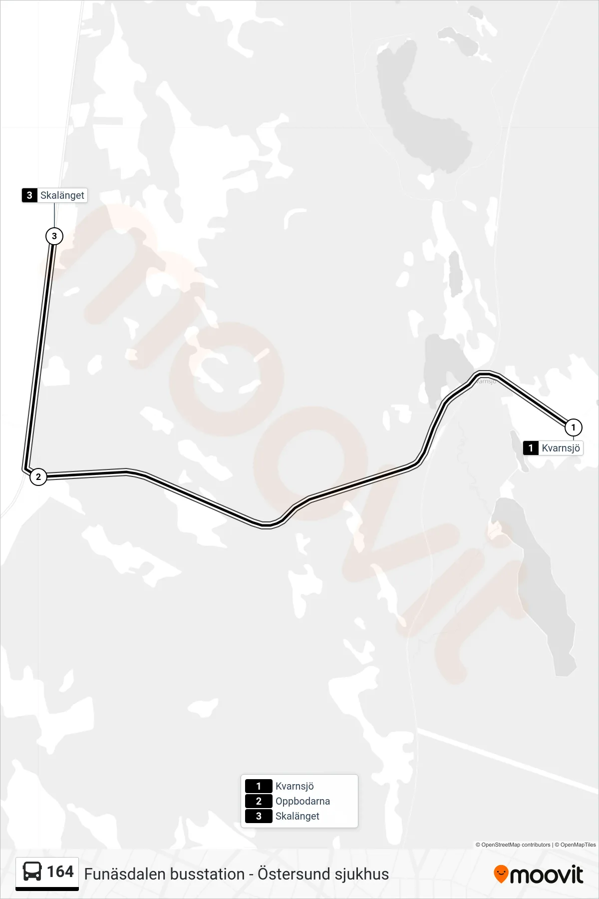 Rutt och hållplatser på karta för linje 164 spårvagn, (Skalänget)