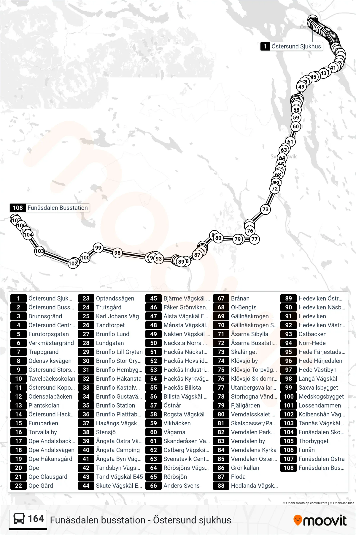 Rutt och hållplatser på karta för linje 164 spårvagn, (Funäsdalen Busstation)