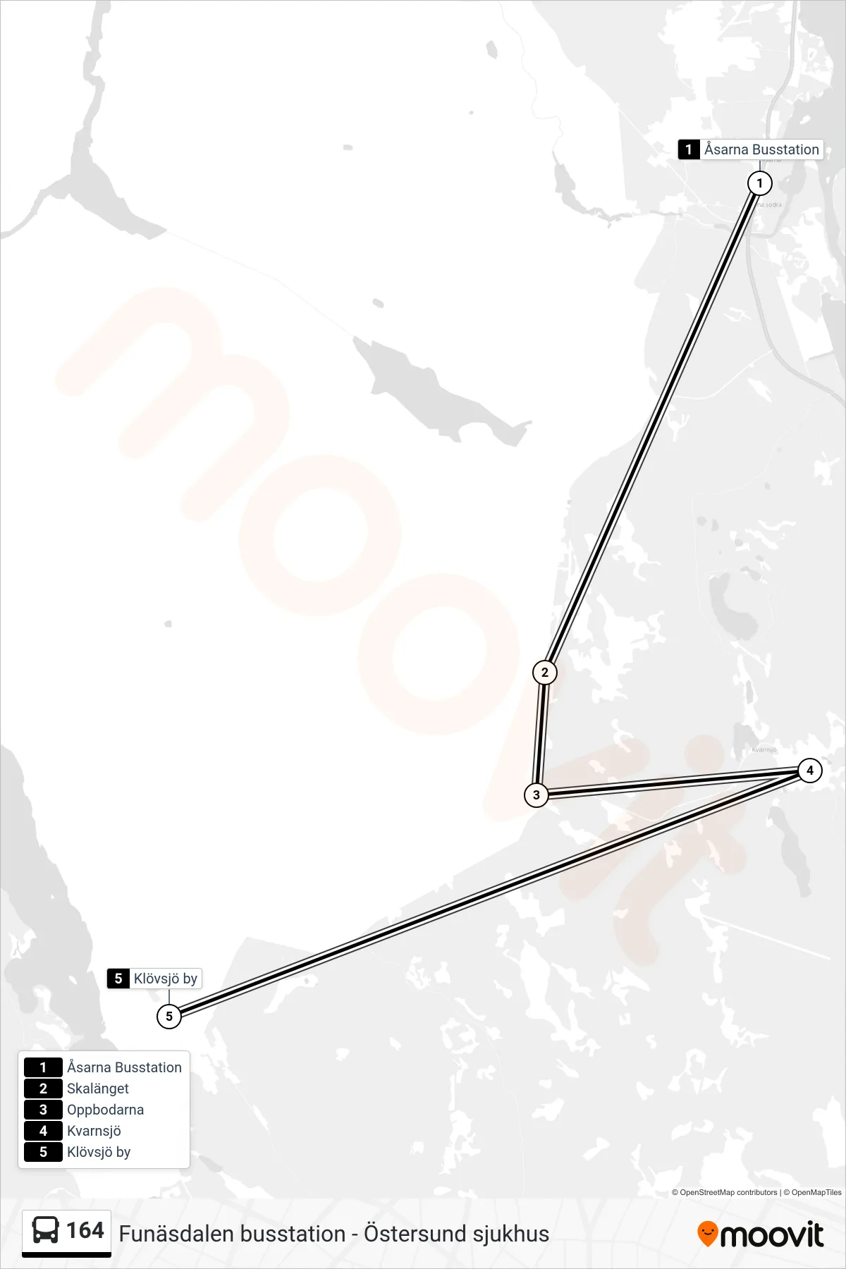 Rutt och hållplatser på karta för linje 164 spårvagn, (Klövsjö by)