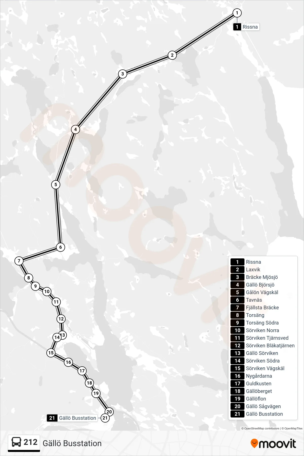 Rutt och hållplatser på karta för linje 212 spårvagn, (Gällö Busstation)