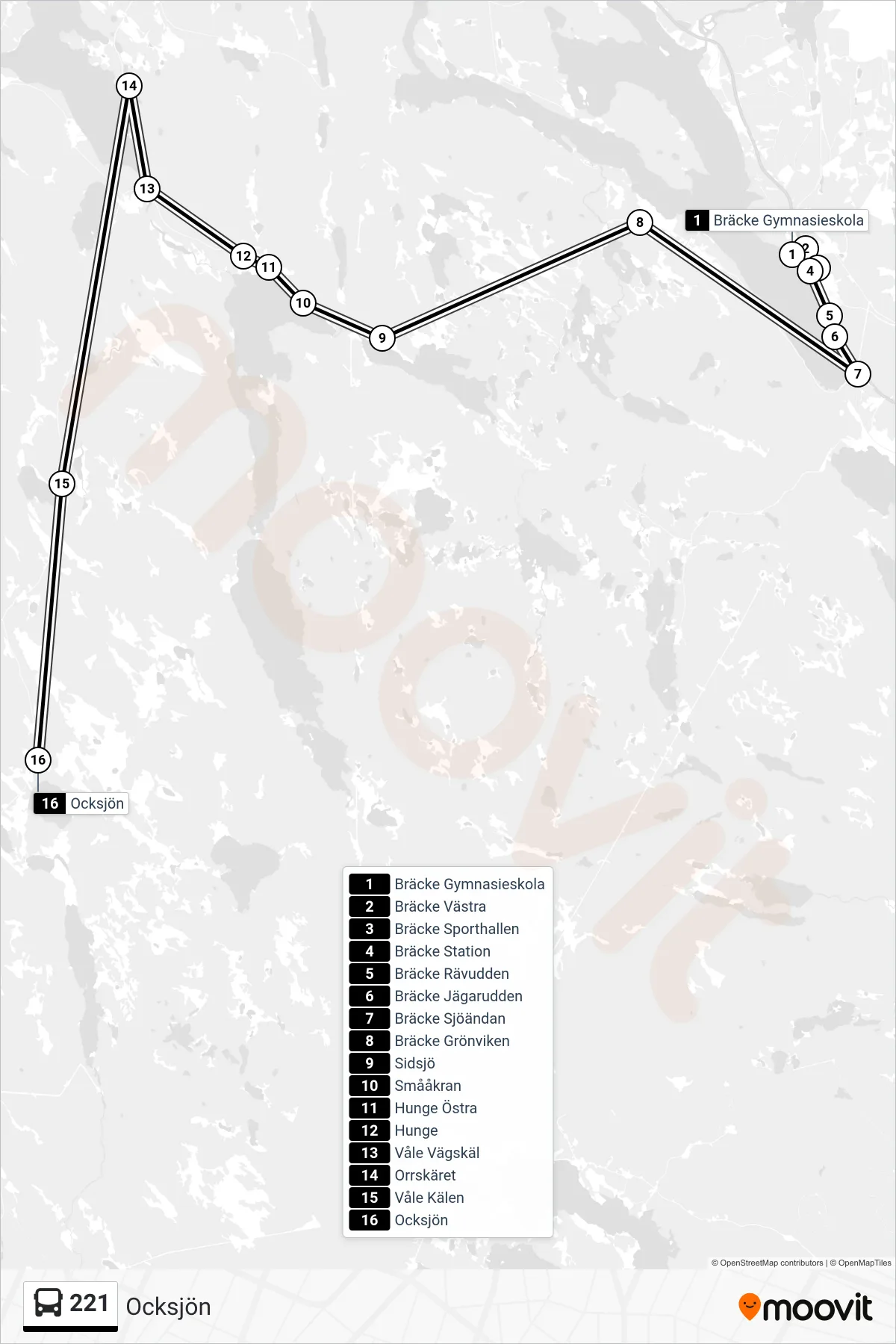 Rutt och hållplatser på karta för linje 221  spårvagn, (Ocksjön)