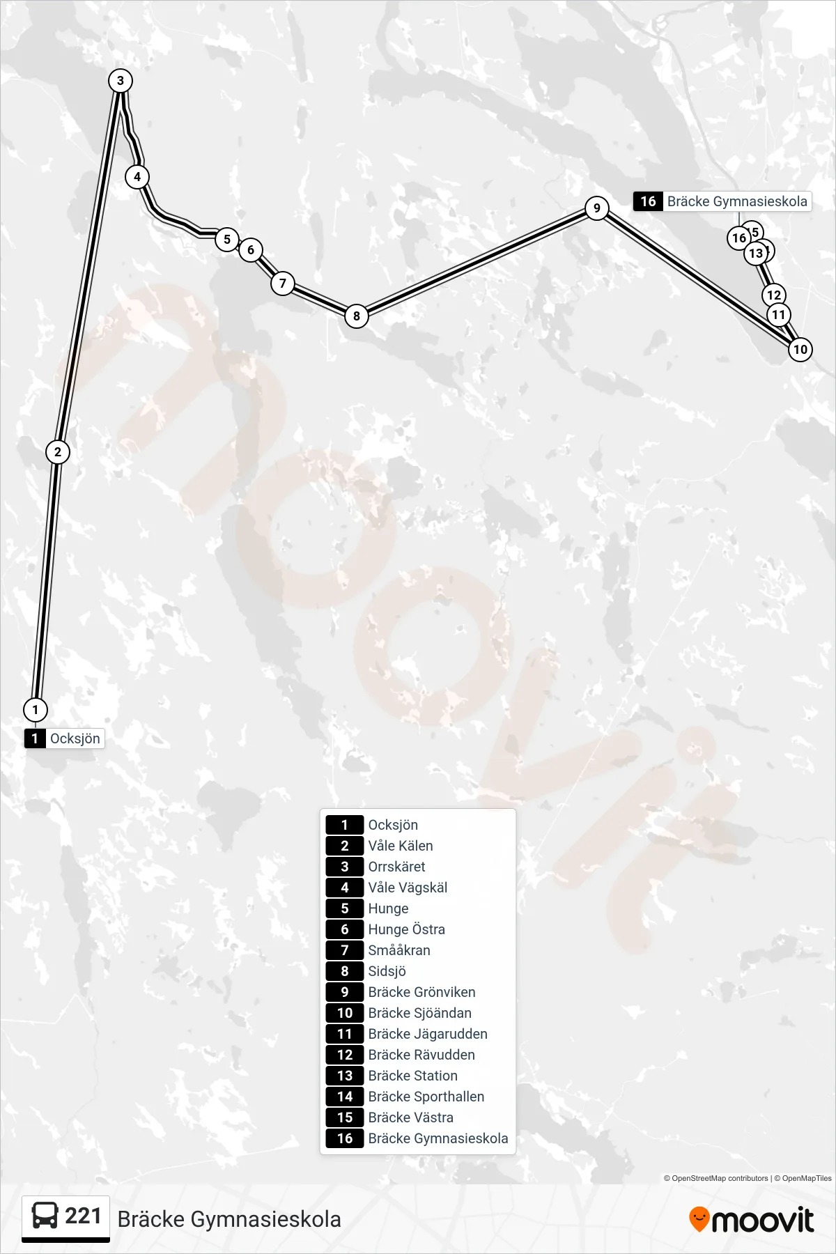 Rutt och hållplatser på karta för linje 221 spårvagn, (Bräcke Gymnasieskola)