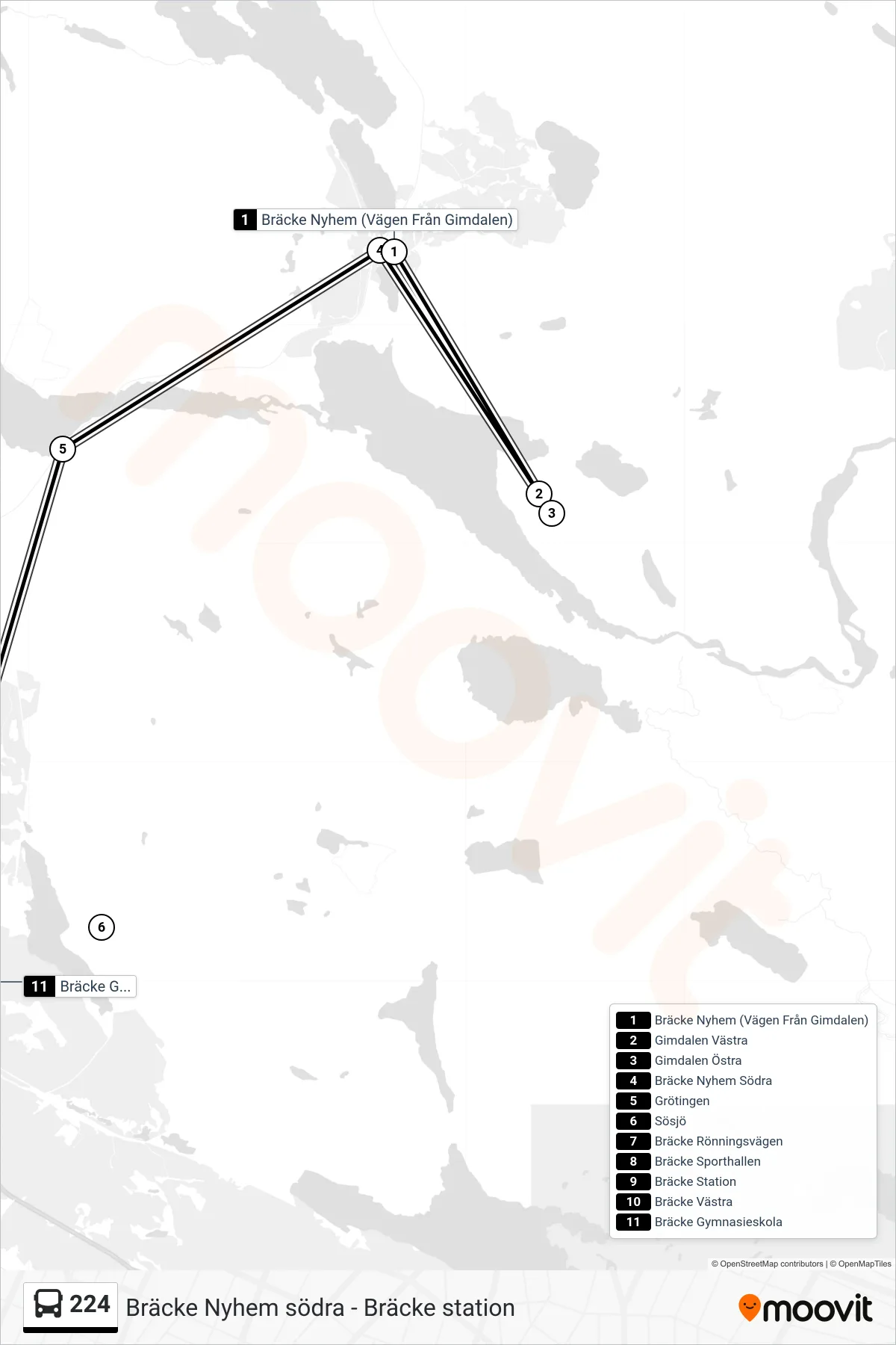 Rutt och hållplatser på karta för linje 224 spårvagn, (Bräcke Gymnasieskola)