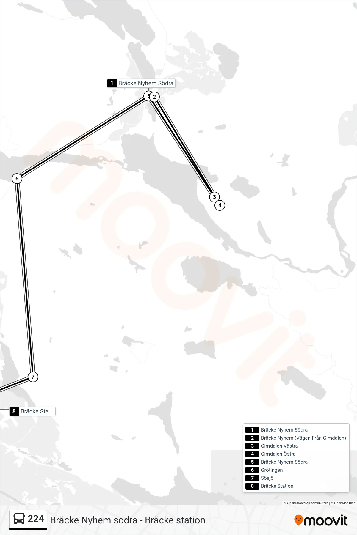 Rutt och hållplatser på karta för linje 224 spårvagn, (Bräcke Station)