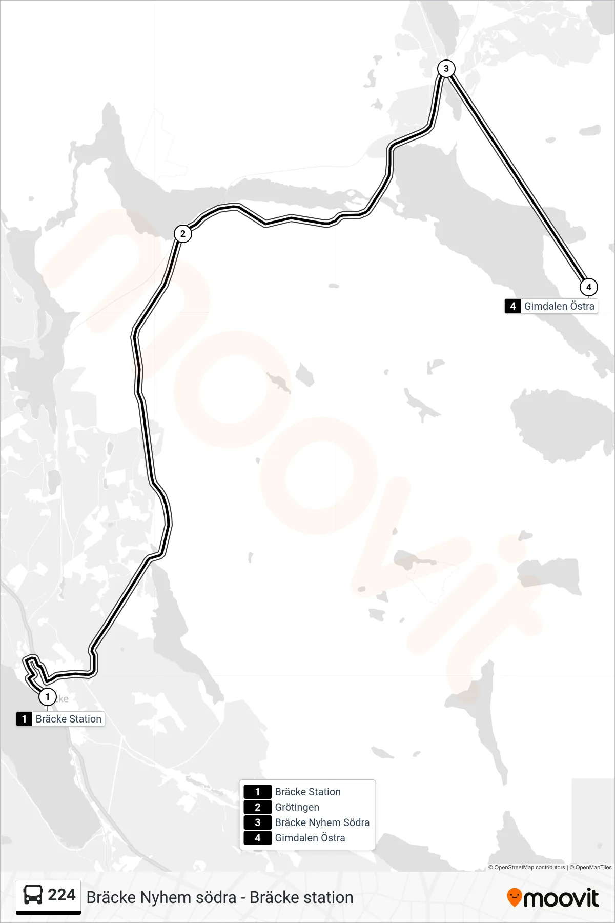 Rutt och hållplatser på karta för linje 224 spårvagn, (Gimdalen Östra)