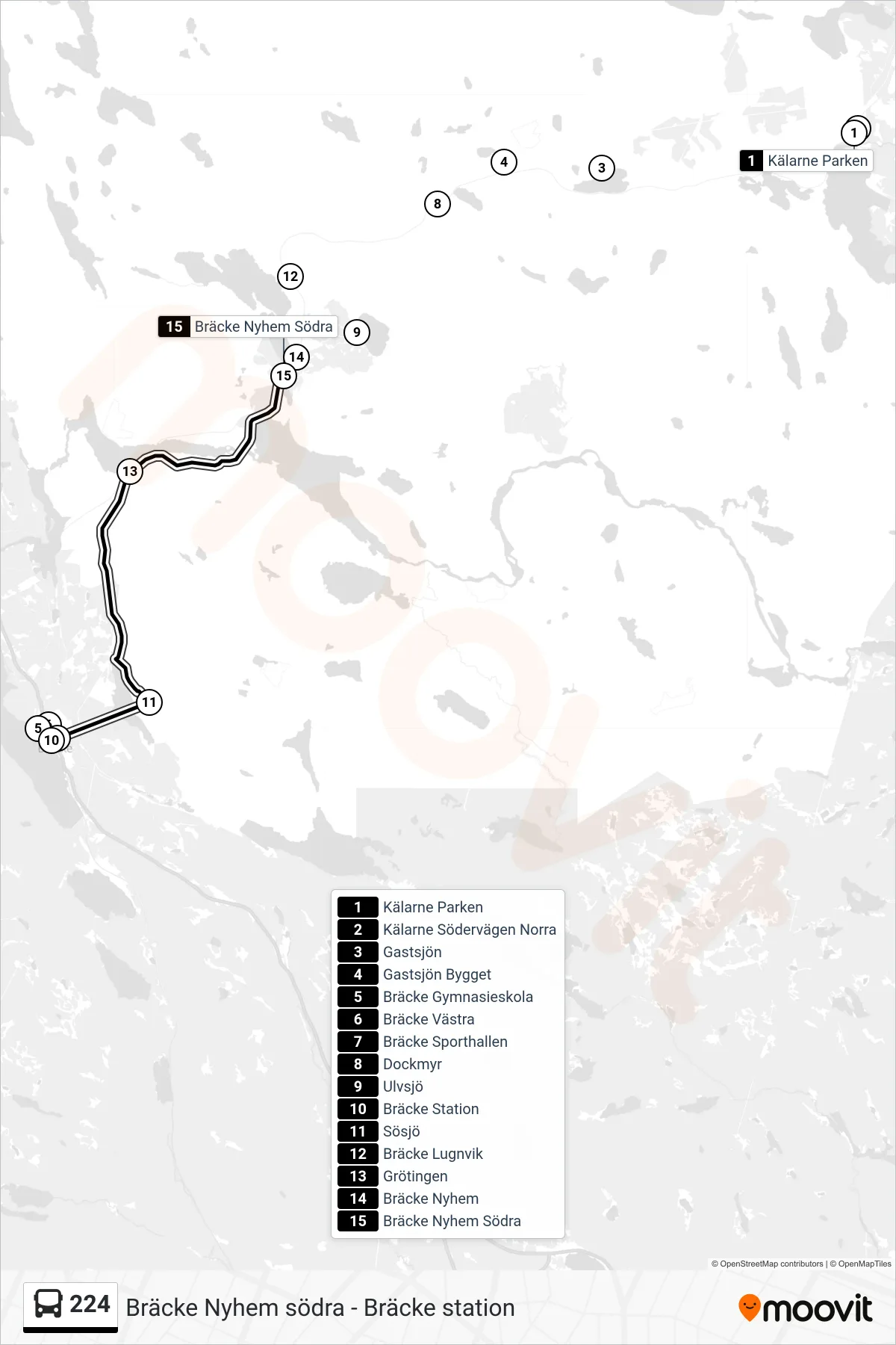 Rutt och hållplatser på karta för linje 224 spårvagn, (Bräcke Nyhem Södra)