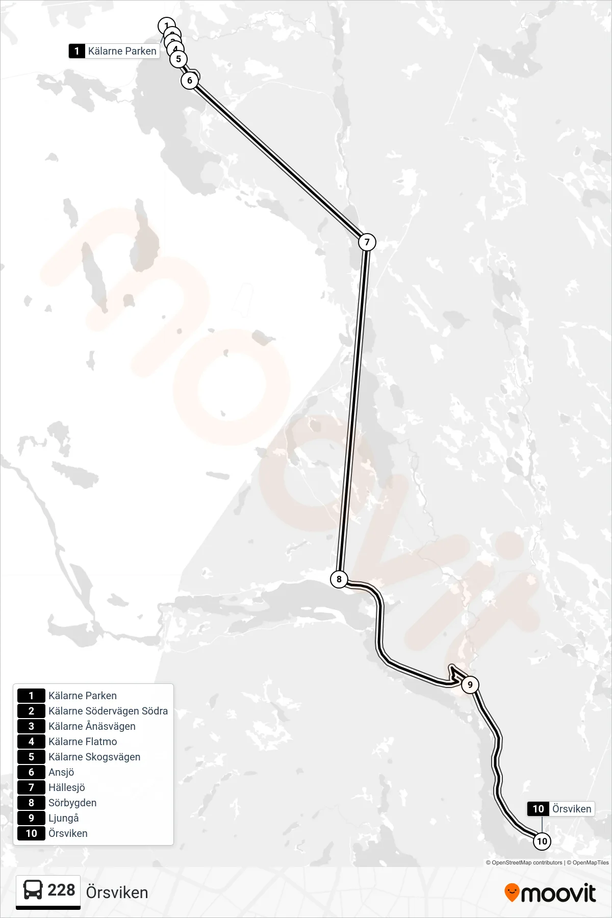 Rutt och hållplatser på karta för linje 228 spårvagn, (Örsviken)