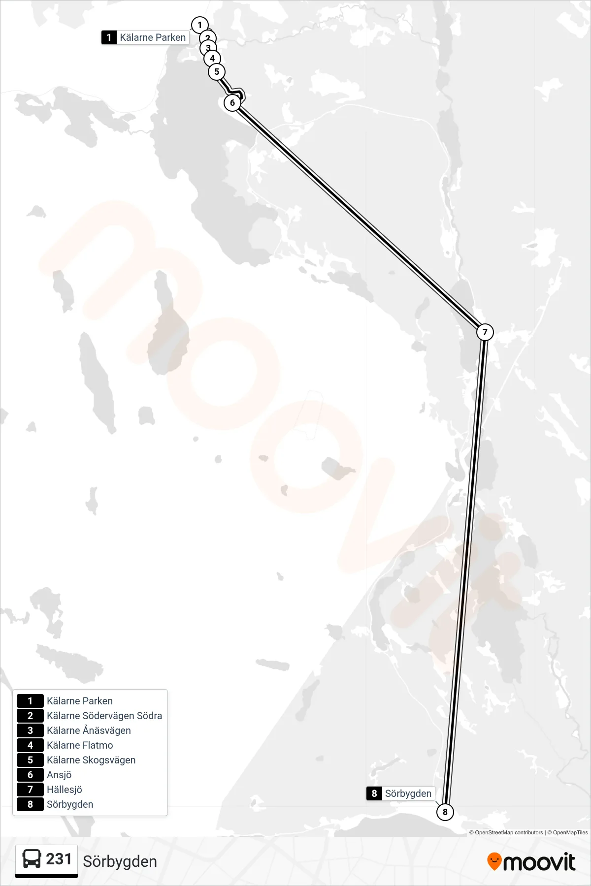 Rutt och hållplatser på karta för linje 231 spårvagn, (Sörbygden)