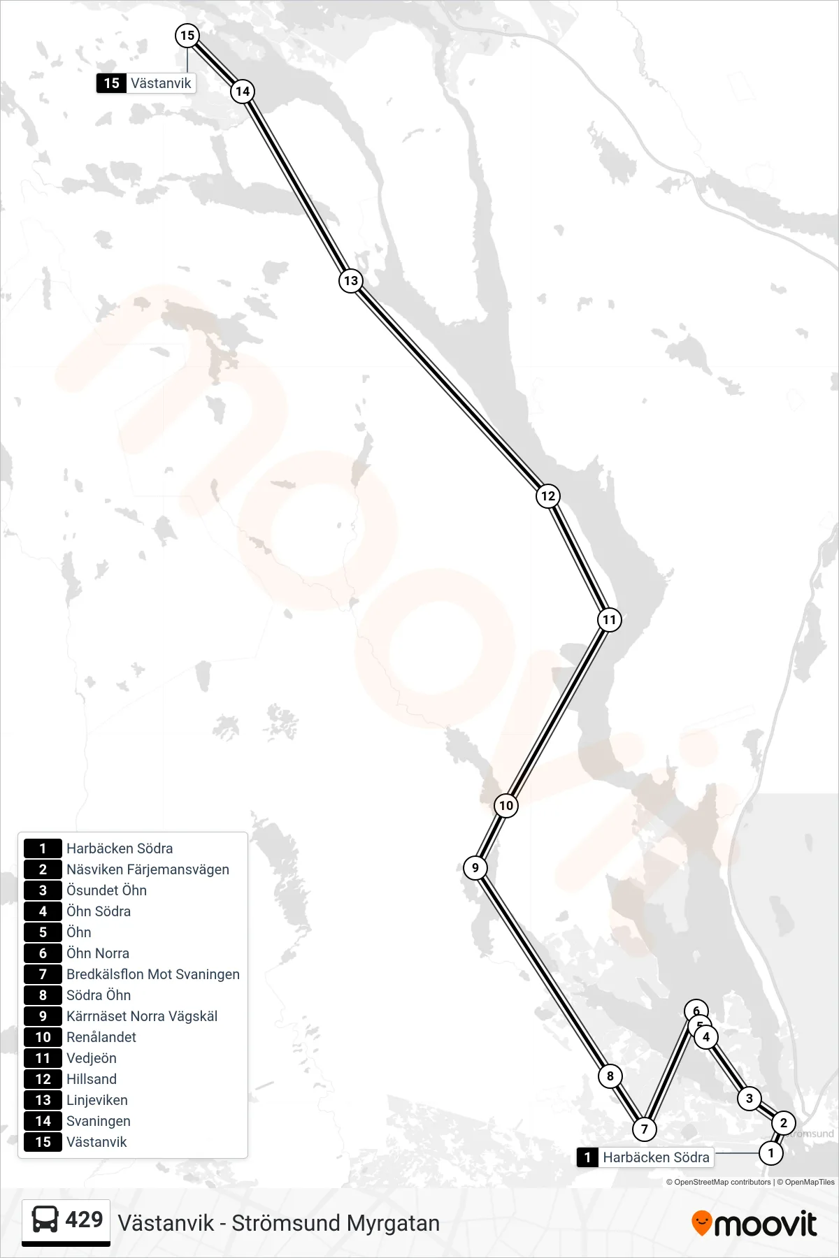Rutt och hållplatser på karta för linje 429 spårvagn, (Västanvik)