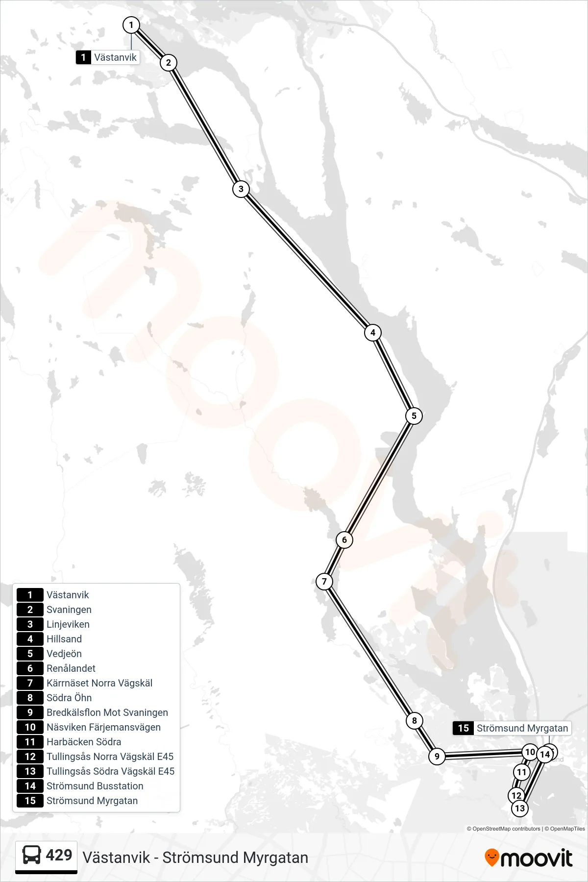 Rutt och hållplatser på karta för linje 429 spårvagn, (Strömsund Myrgatan)