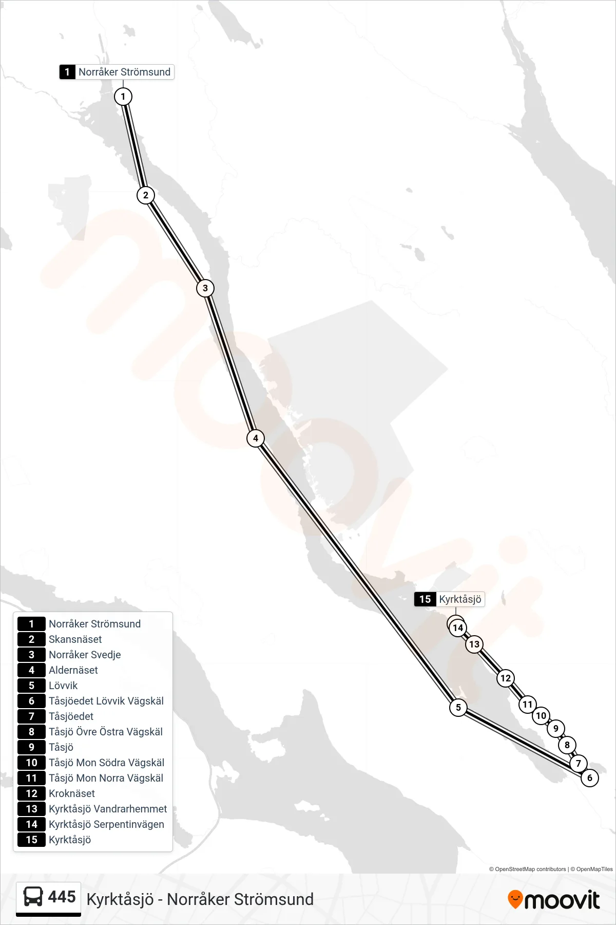Rutt och hållplatser på karta för linje 445 spårvagn, (Kyrktåsjö)