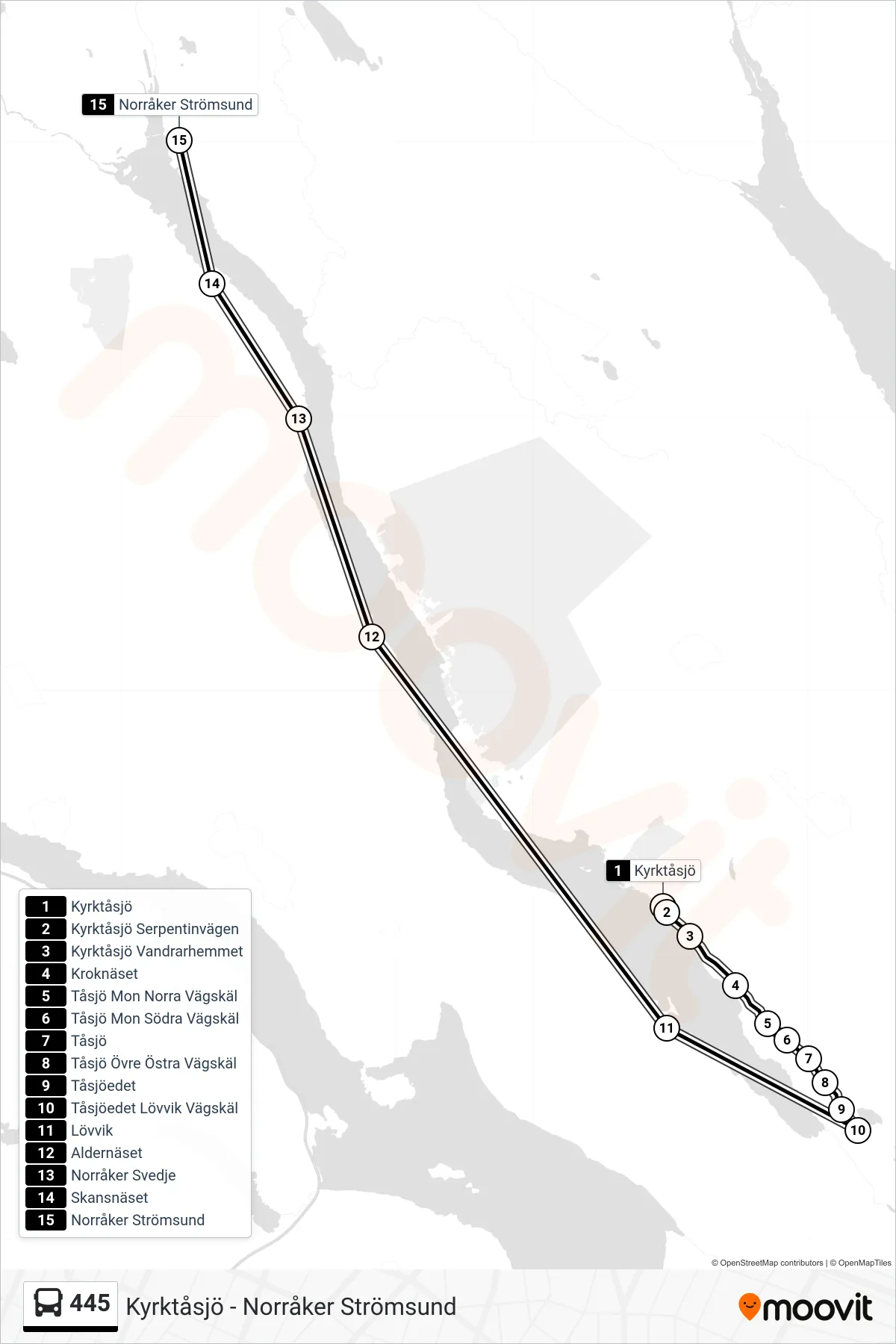 Rutt och hållplatser på karta för linje 445 spårvagn, (Norråker Strömsund)