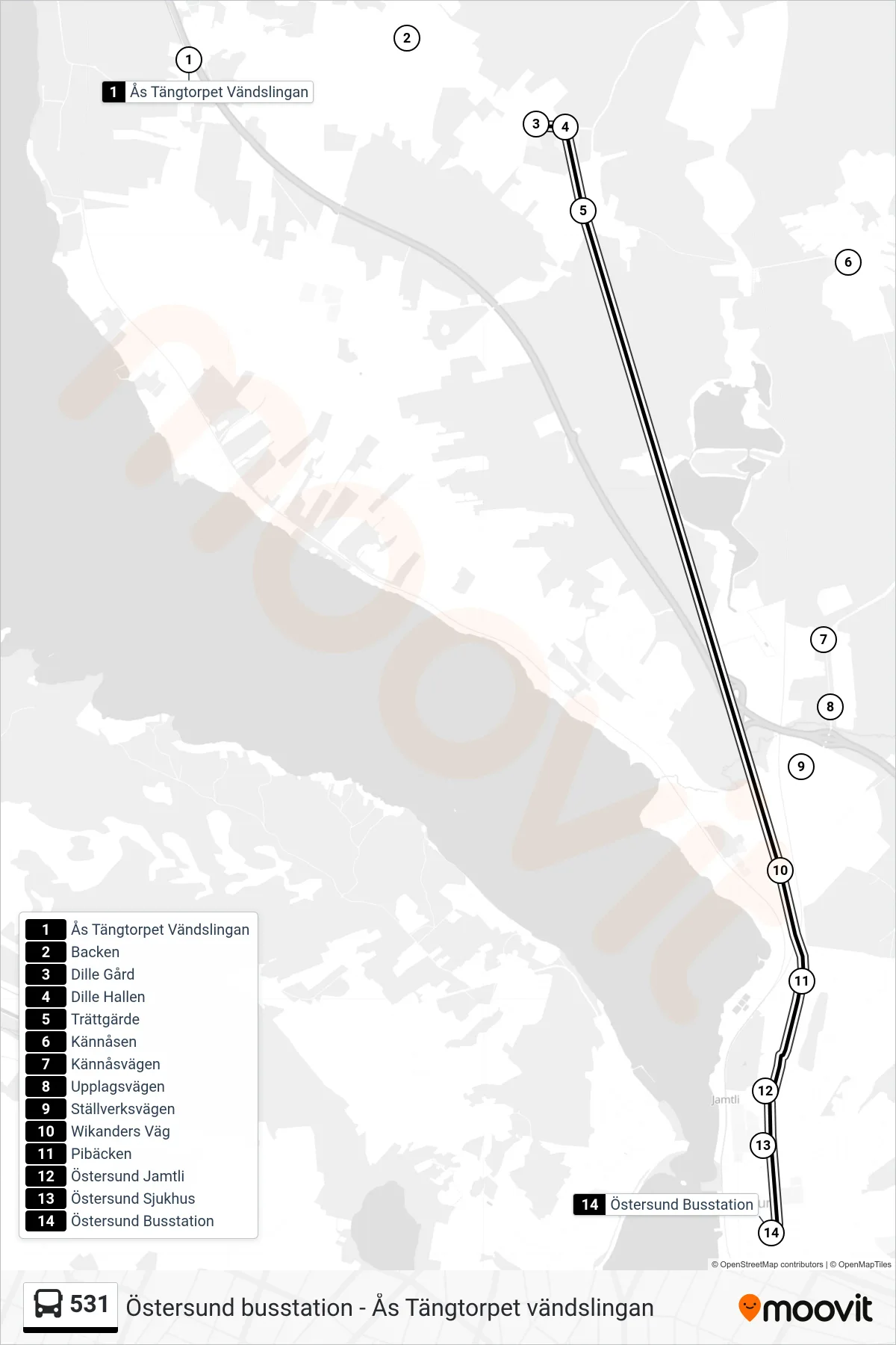 Rutt och hållplatser på karta för linje 531 spårvagn, (Östersund Busstation)