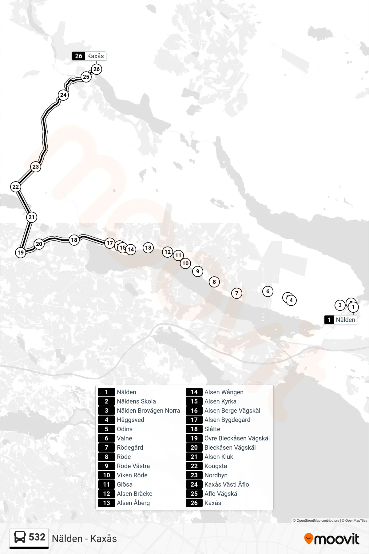 Rutt och hållplatser på karta för linje 532  spårvagn, (Kaxås)