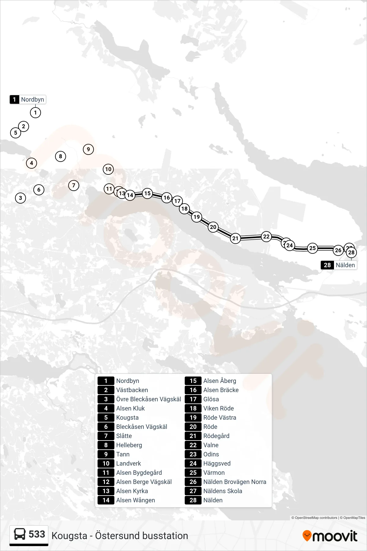 Rutt och hållplatser på karta för linje 533 spårvagn, (Nälden)
