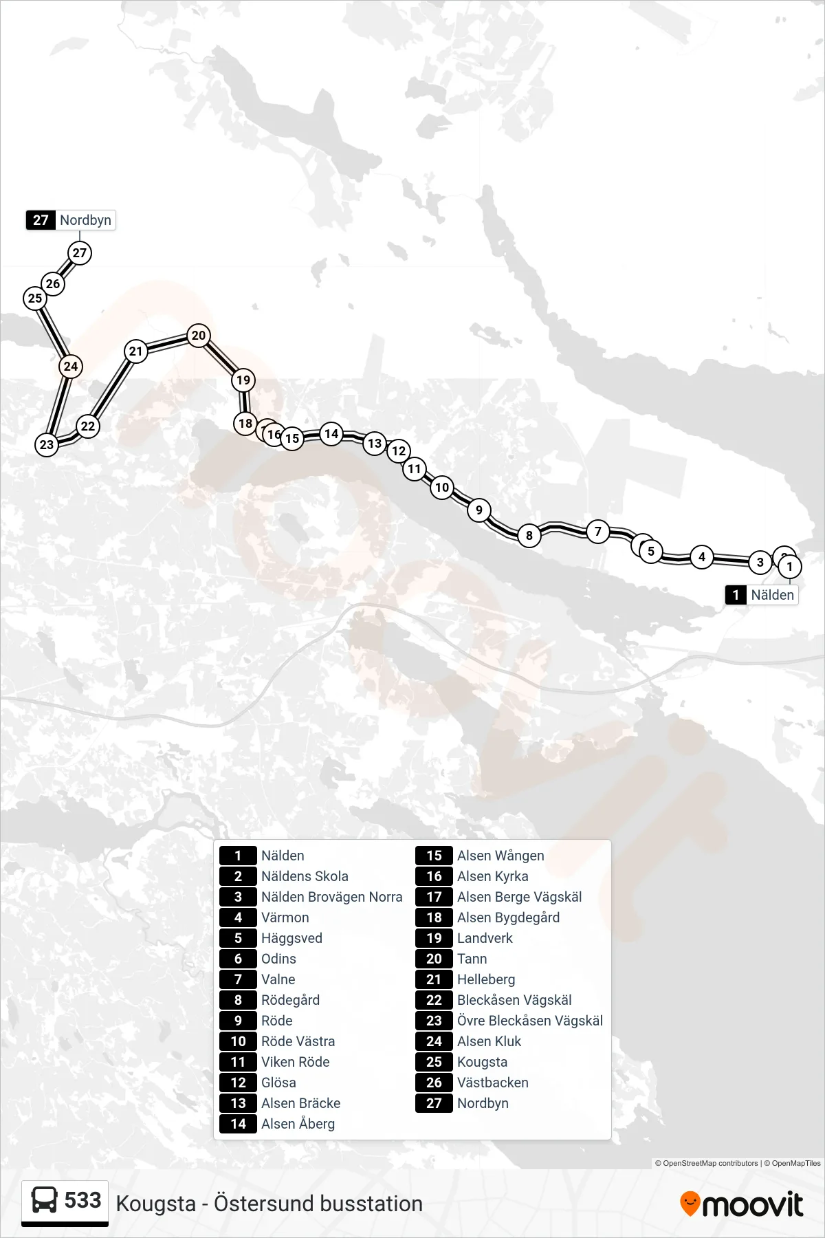 Rutt och hållplatser på karta för linje 533  spårvagn, (Nordbyn)