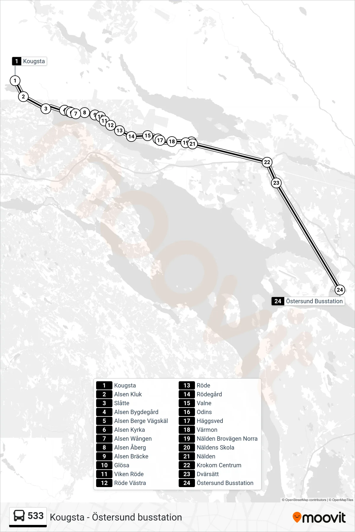 Rutt och hållplatser på karta för linje 533  spårvagn, (Östersund Busstation)